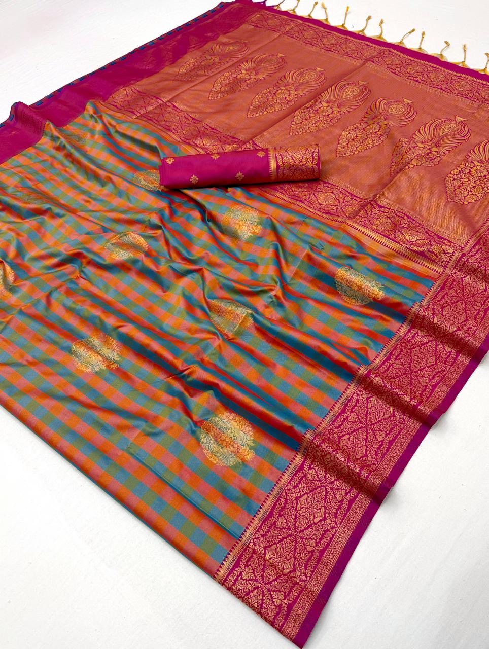 Teal-Blue Checks Readymade/Easy Kanjivaram Saree - Panaash Saree