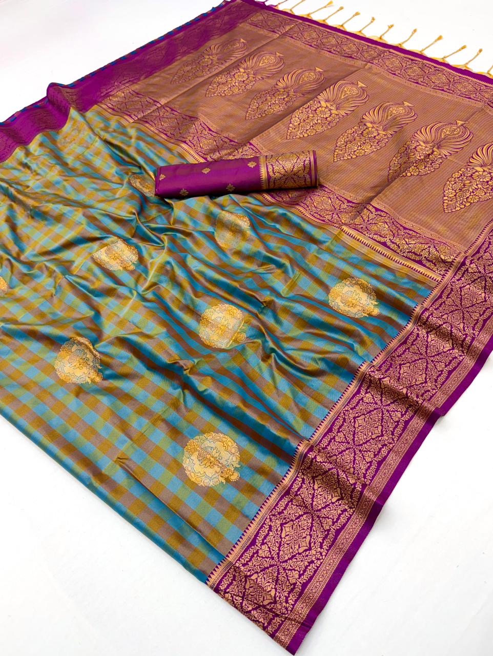 Turquoise-Pink Checks Readymade/Easy Kanjivaram Saree - Panaash Saree