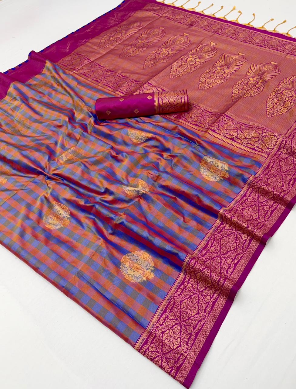 Royal Blue-Pink Checks Readymade/Easy Kanjivaram Saree - Panaash Saree