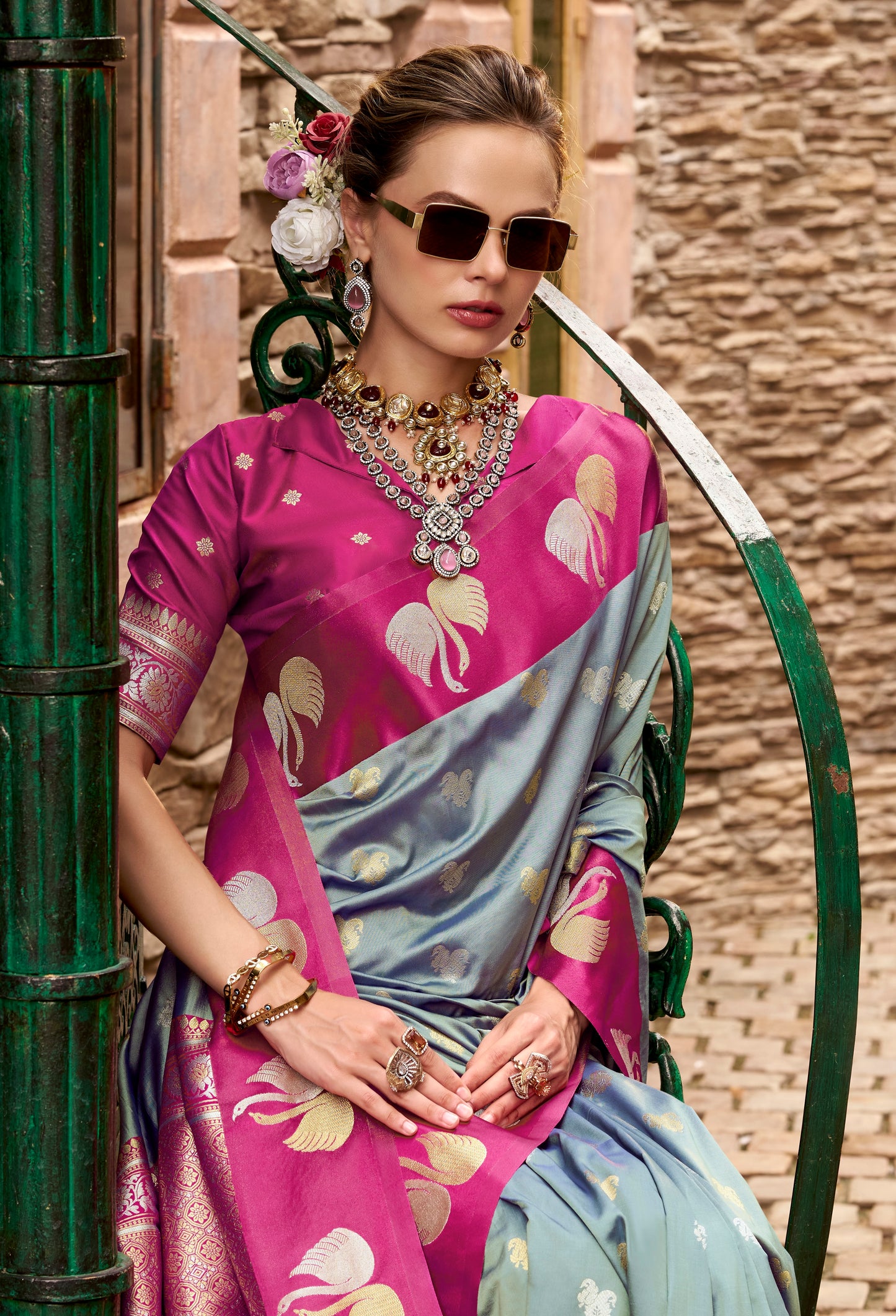 Grey Satin Silk Readymade/Easy Saree
