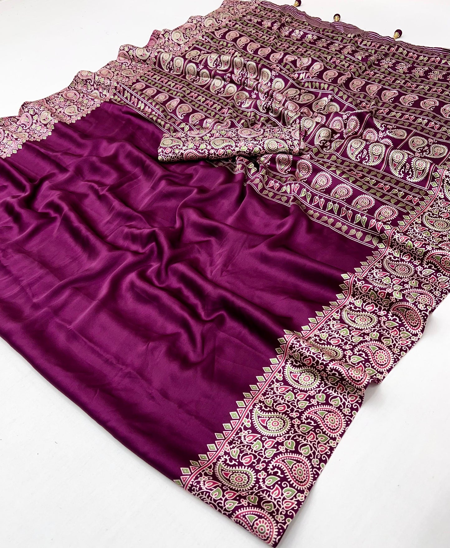Magenta Readymade Crepe Ajrakh Silk Saree