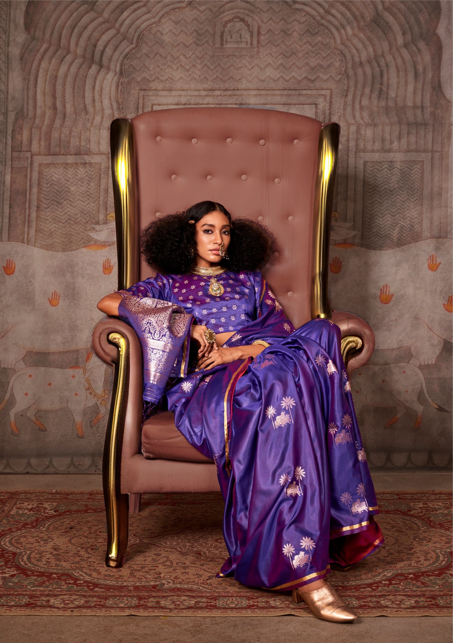 Purple Color Satin Silk Readymade/Easy Saree
