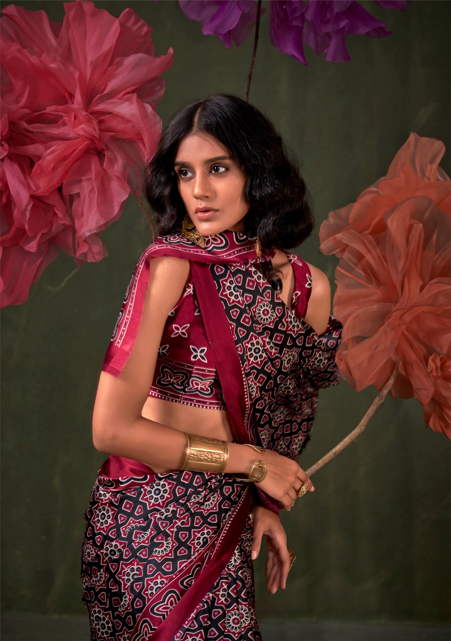 Maroon Crepe Calm – Readymade Ajrakh Saree