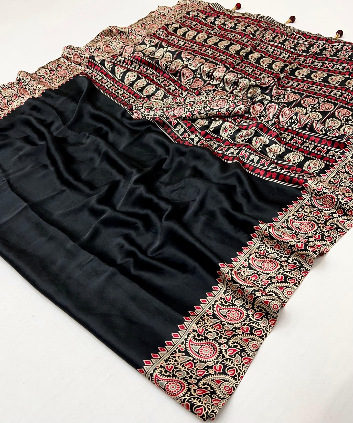 Black Readymade Crepe Ajrakh Silk Saree