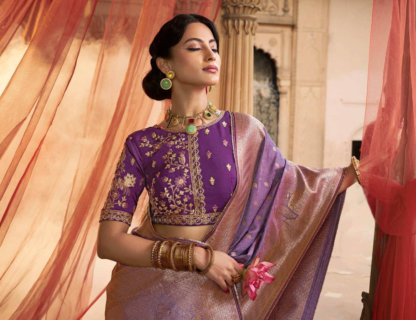 Purple Color Designer Kanjivaram Readymade/Easy Saree