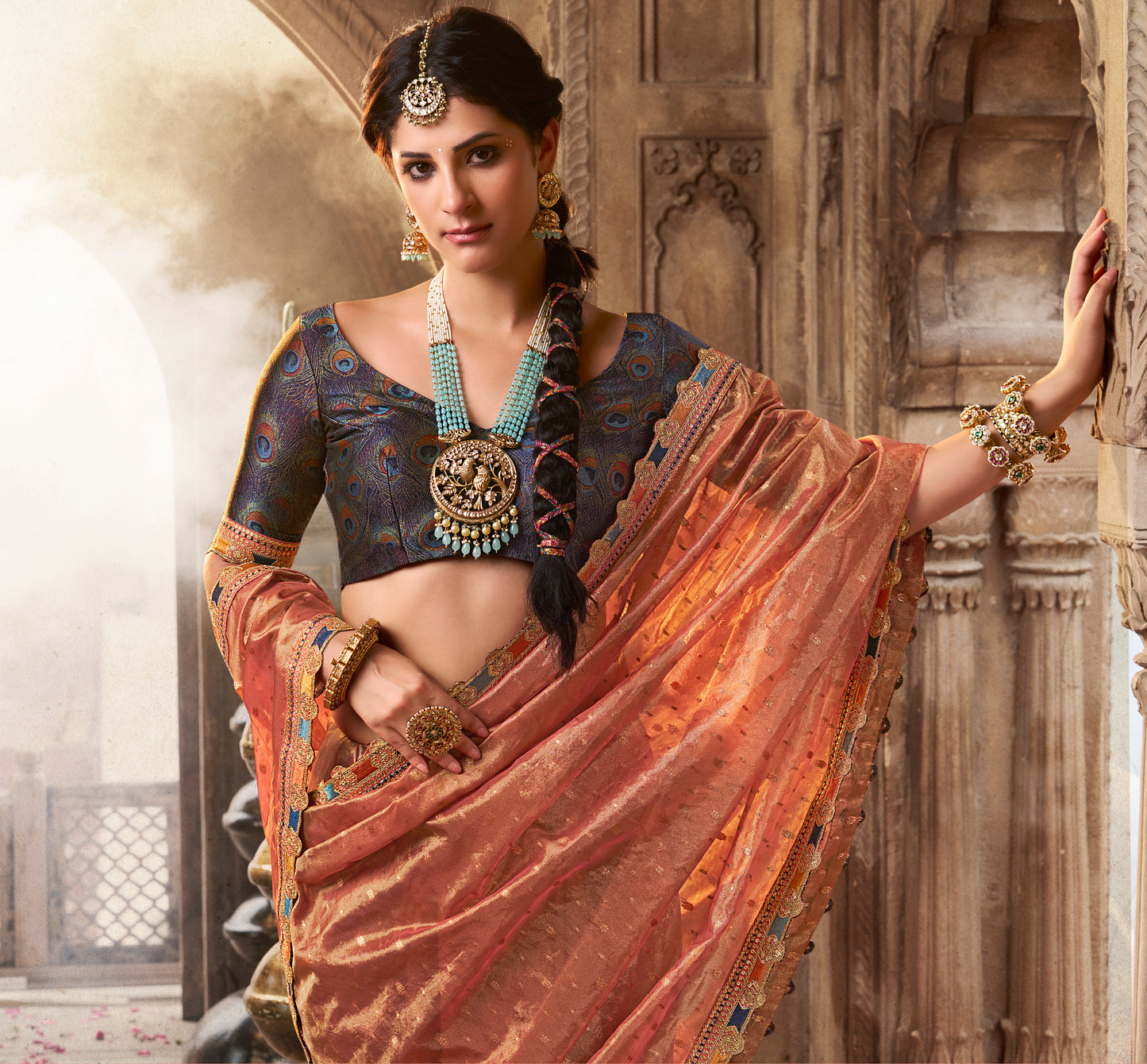 Peach Color Designer Banarasi Tissue Silk Readymade/Easy Saree