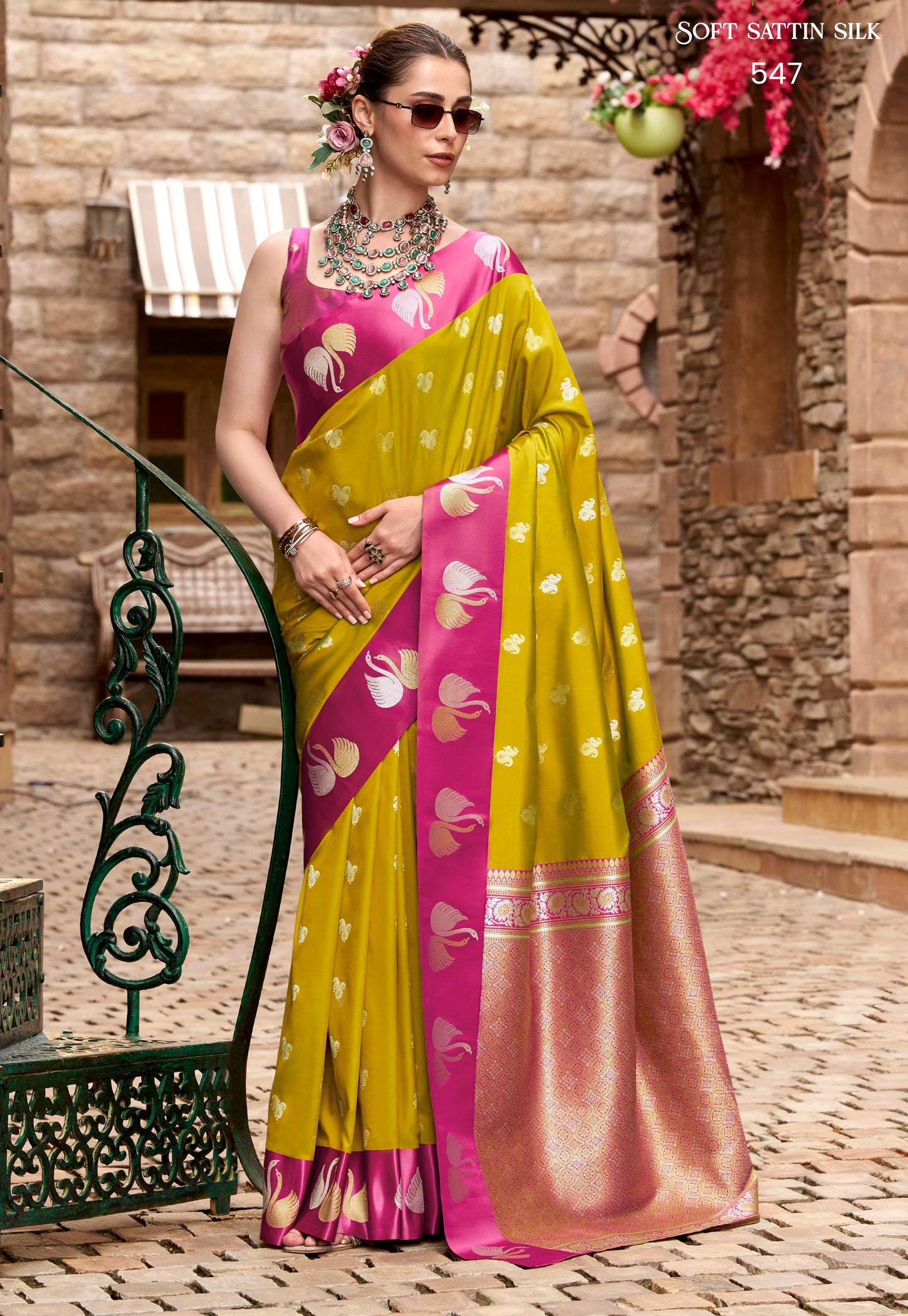 Golden Satin Silk Readymade/Easy Saree