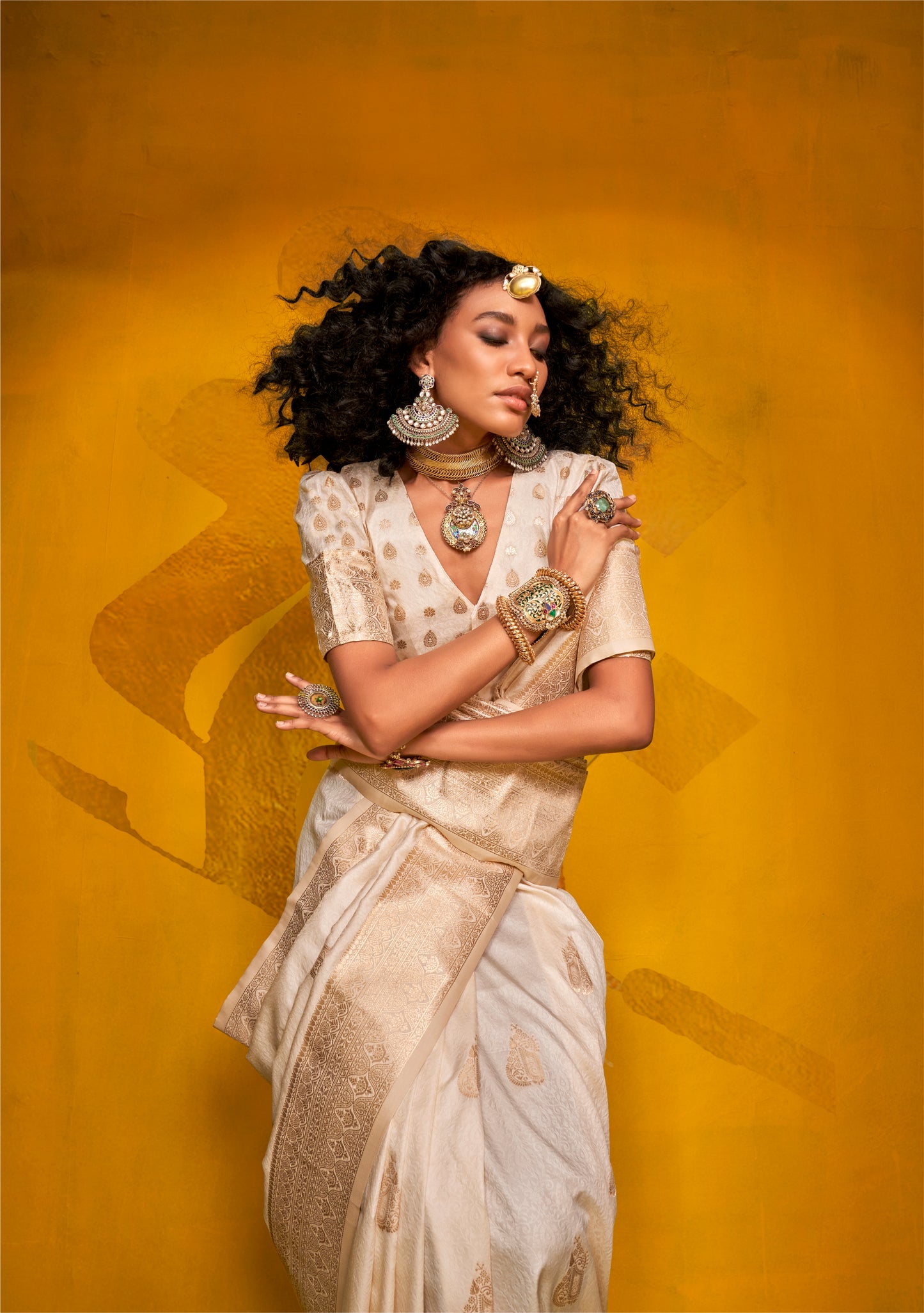 Off White Kanjivaram Silk Readymade/Easy Saree