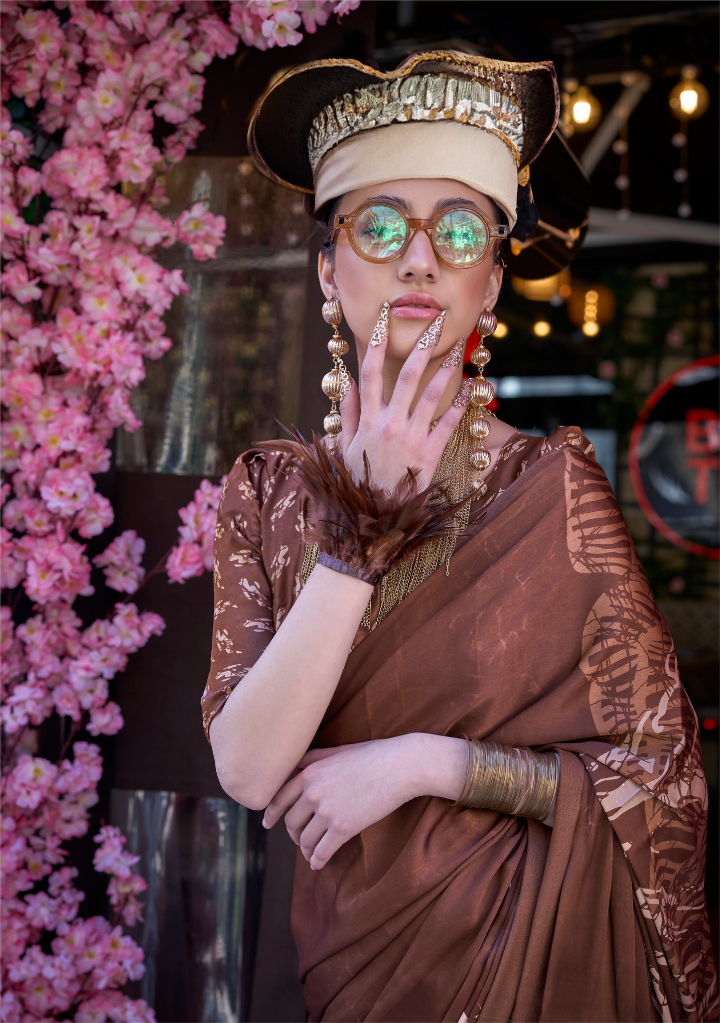 Brown Crepe Silk Casual Readymade/Easy Saree