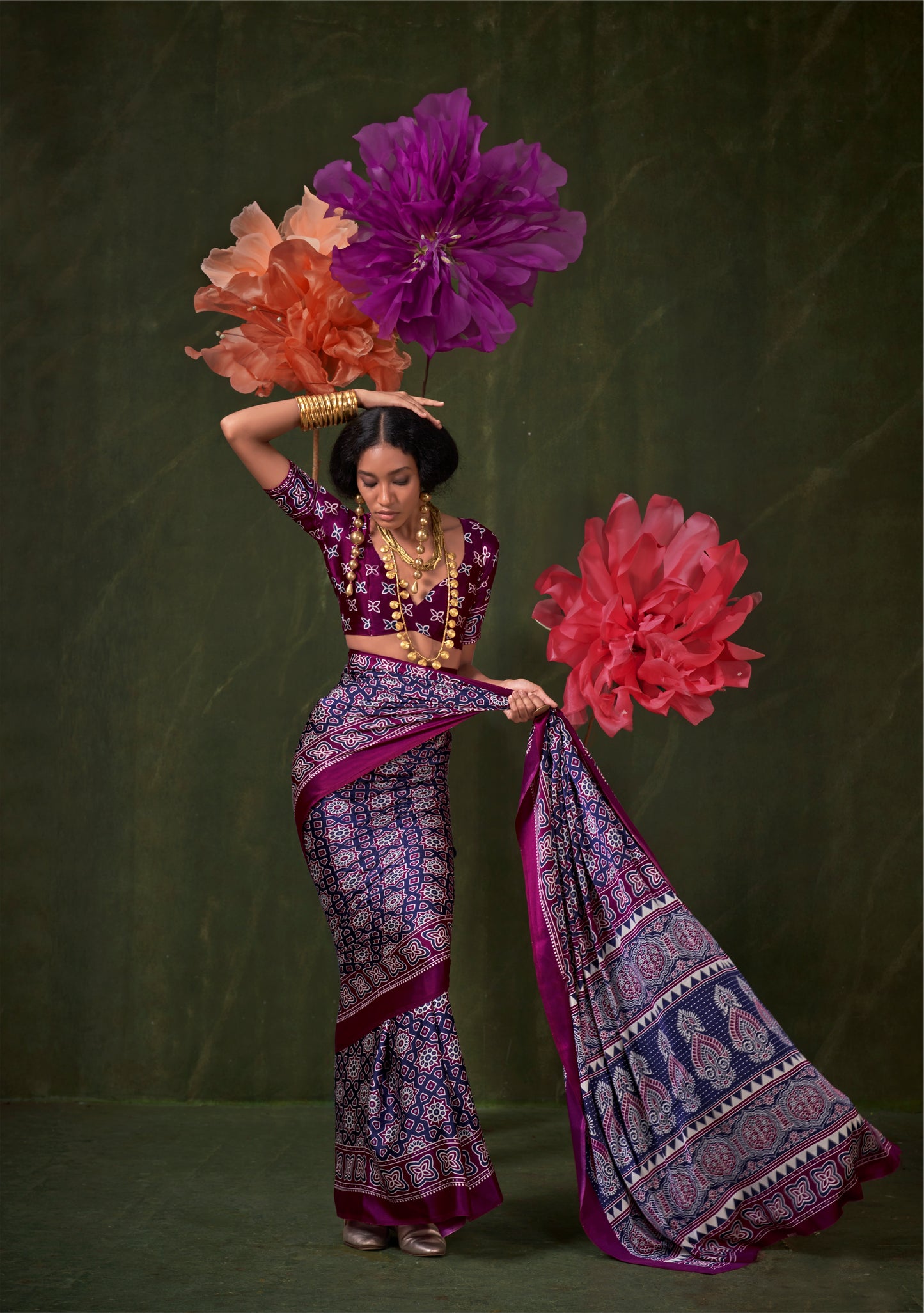 Purple Crepe Calm – Readymade Ajrakh Saree