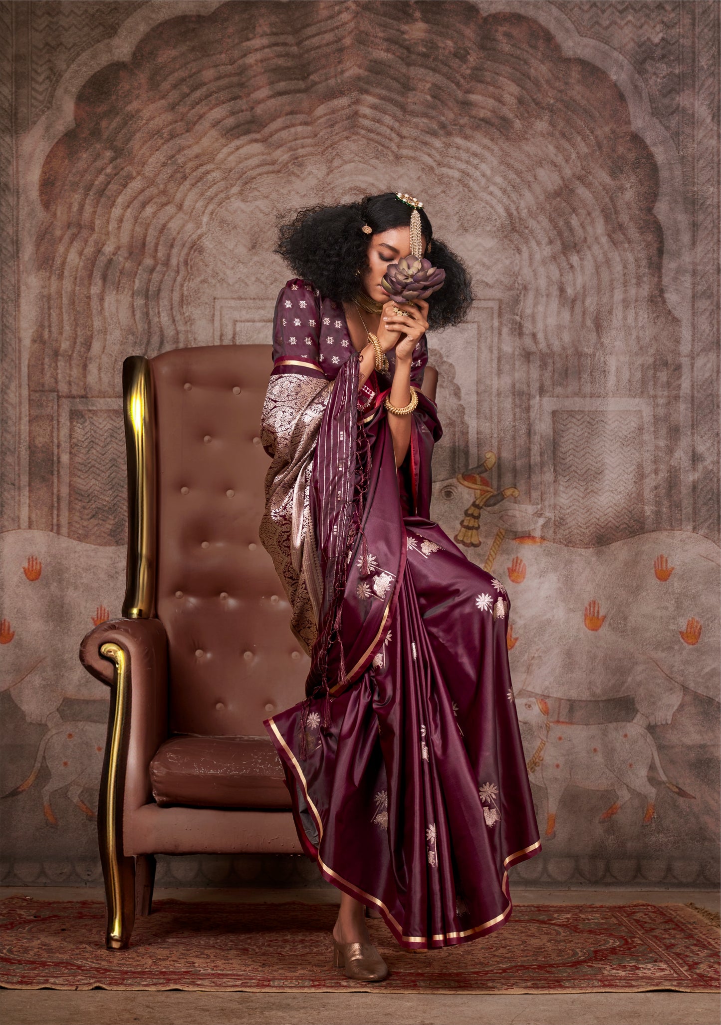 Burgundy Color Satin Silk Readymade/Easy Saree