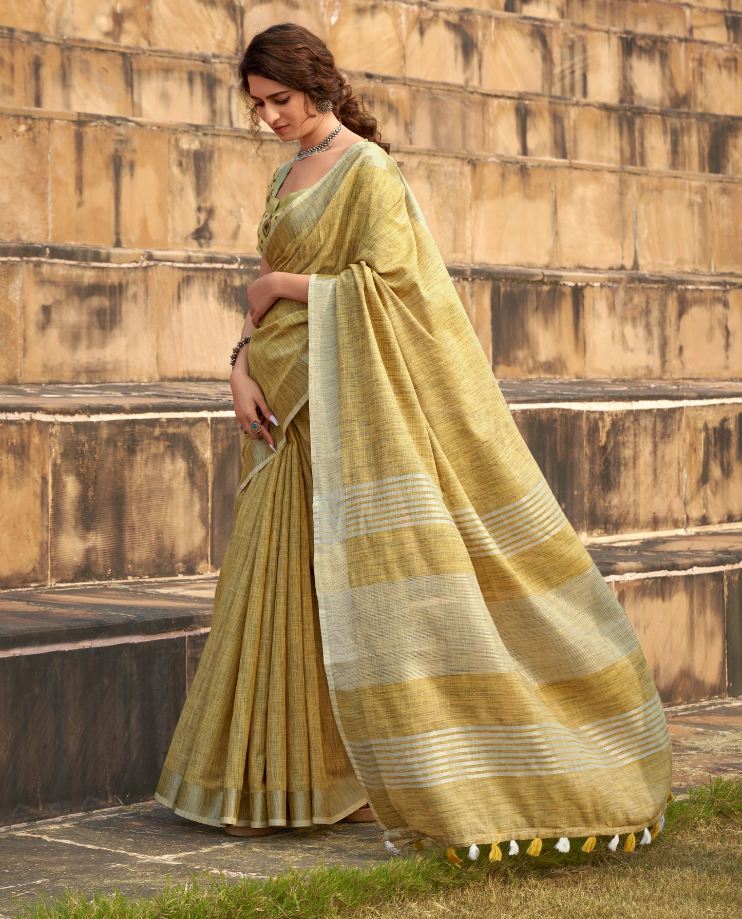 Yellow Linen Office Wear Readymade/Easy Saree