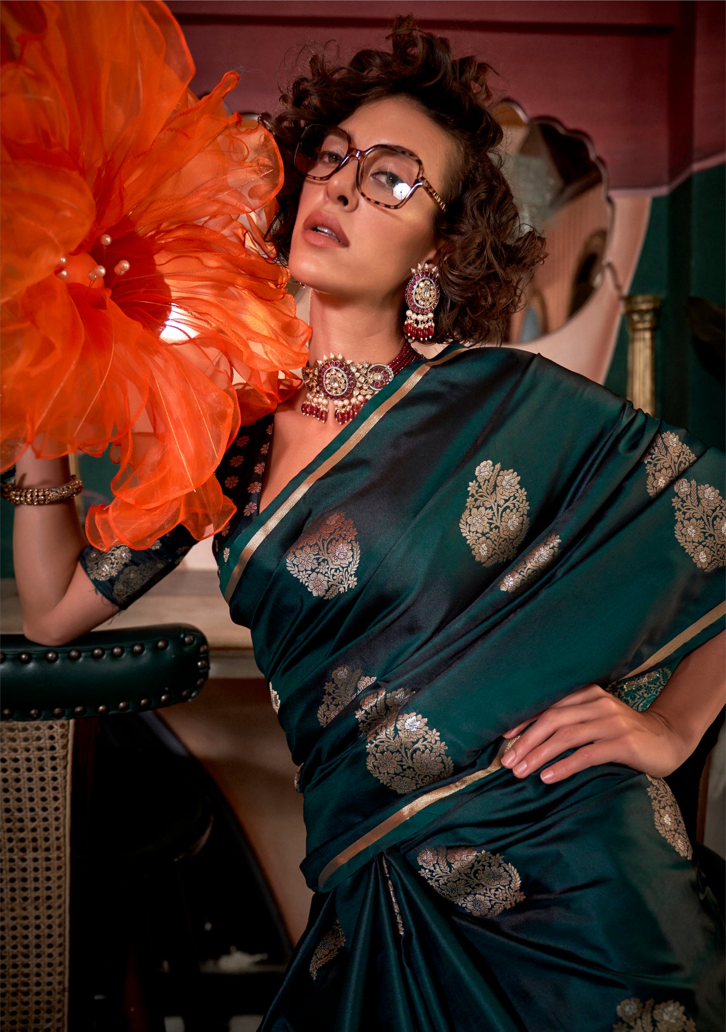 Bottle Green Satin Silk Readymade Saree - Panaash Saree
