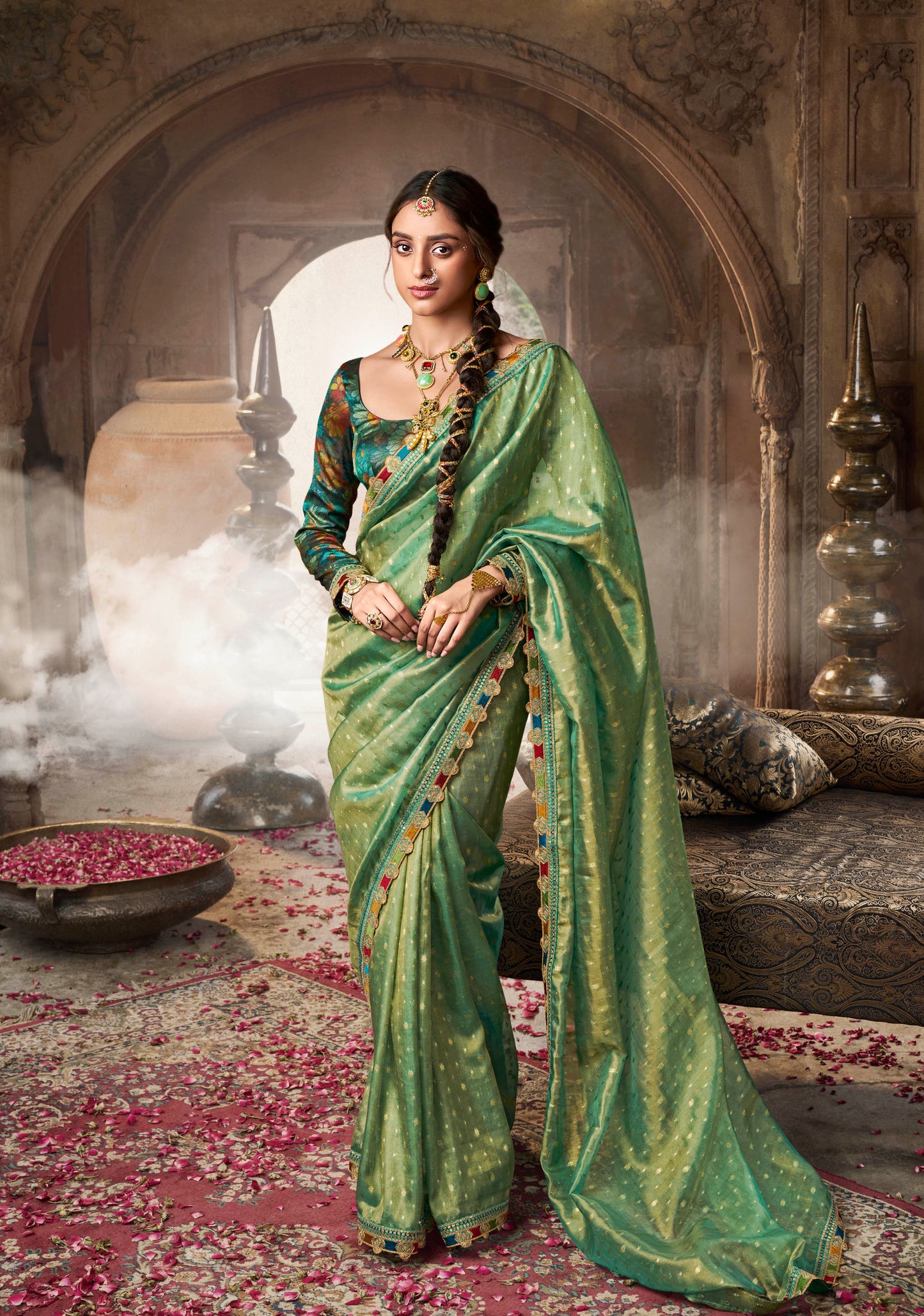 Green Color Designer Banarasi Tissue Silk Readymade/Easy Saree