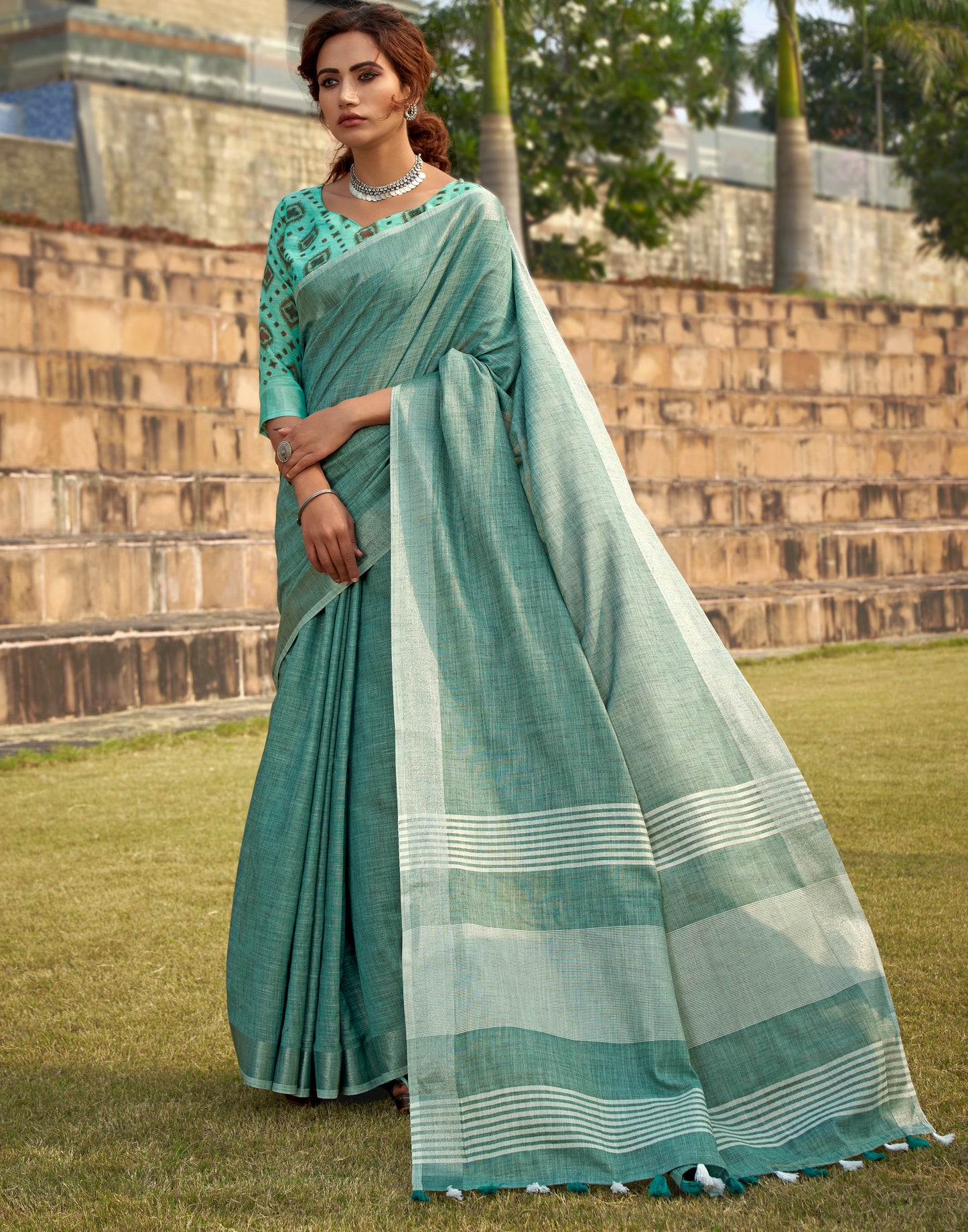 Turquoise Linen Office Wear Readymade/Easy Saree