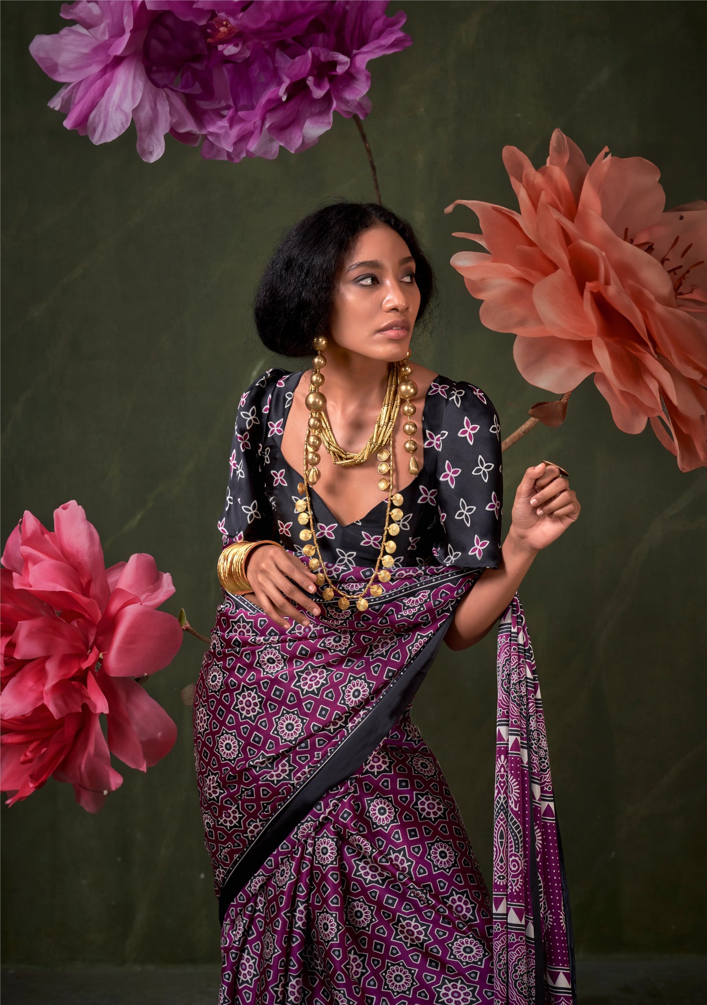 Purple & Black Crepe Calm – Readymade Ajrakh Saree