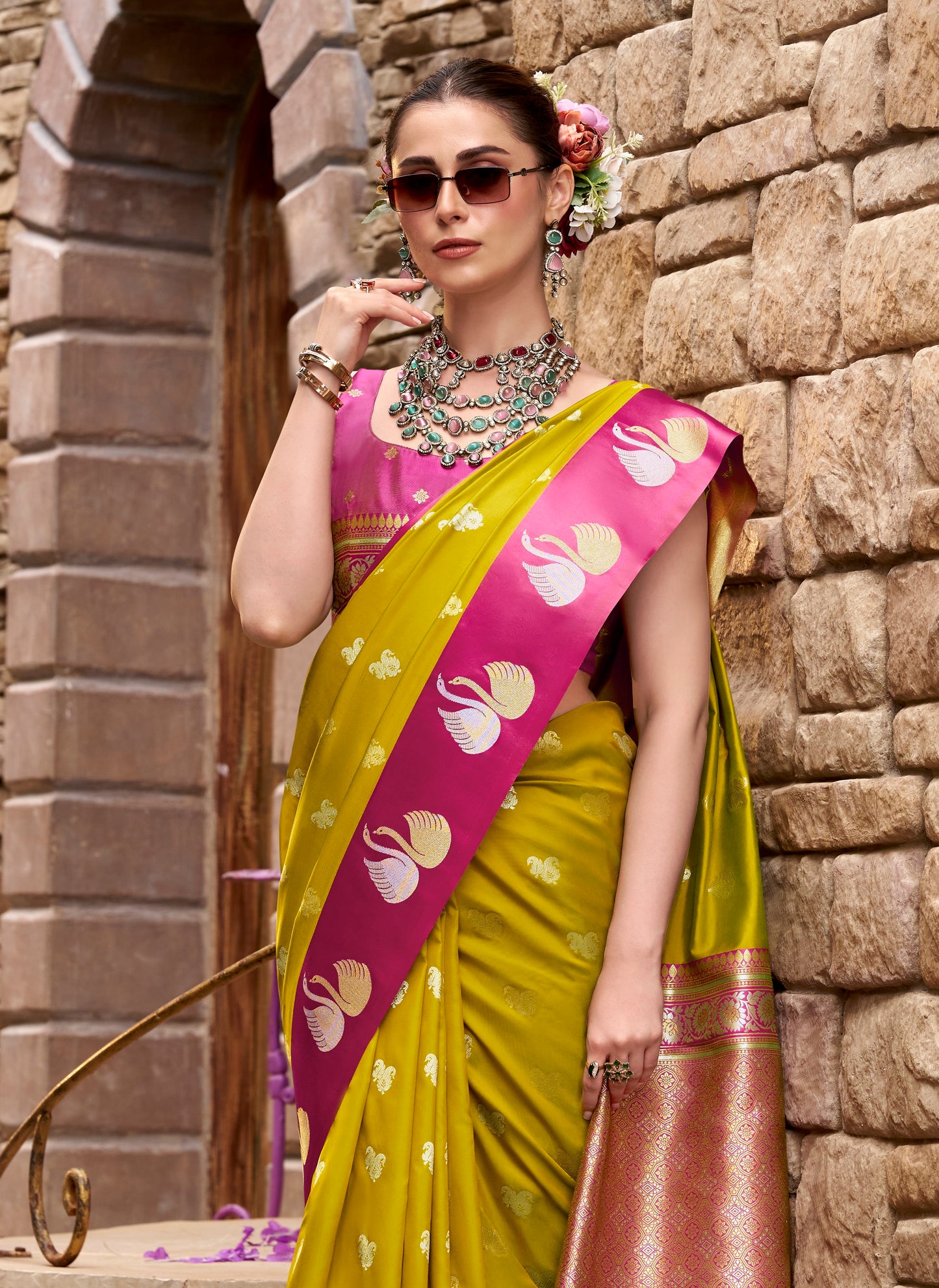 Golden Satin Silk Readymade/Easy Saree