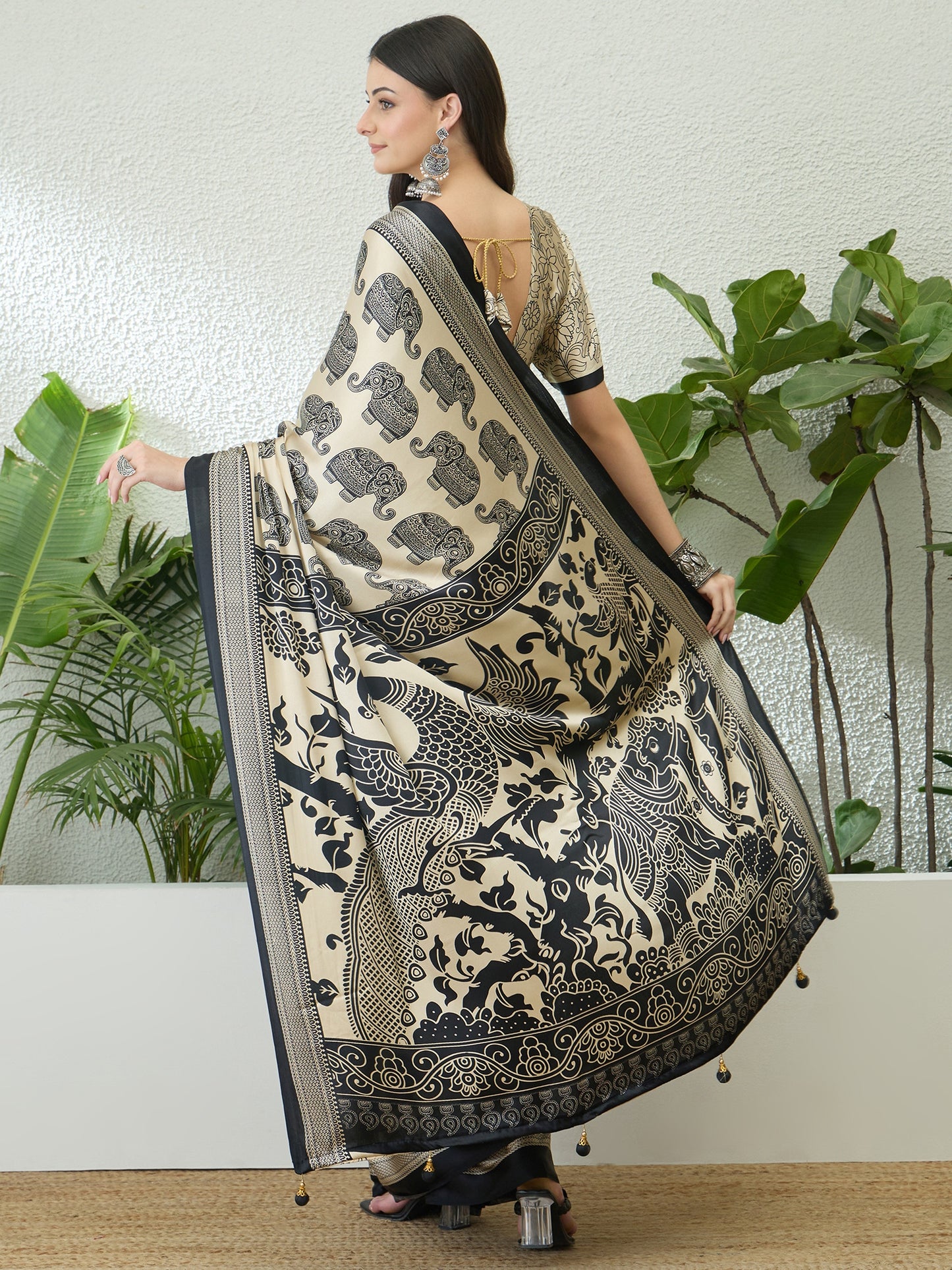 Beige & Black Crepe Silk Readymade/Easy Saree - Panaash Saree