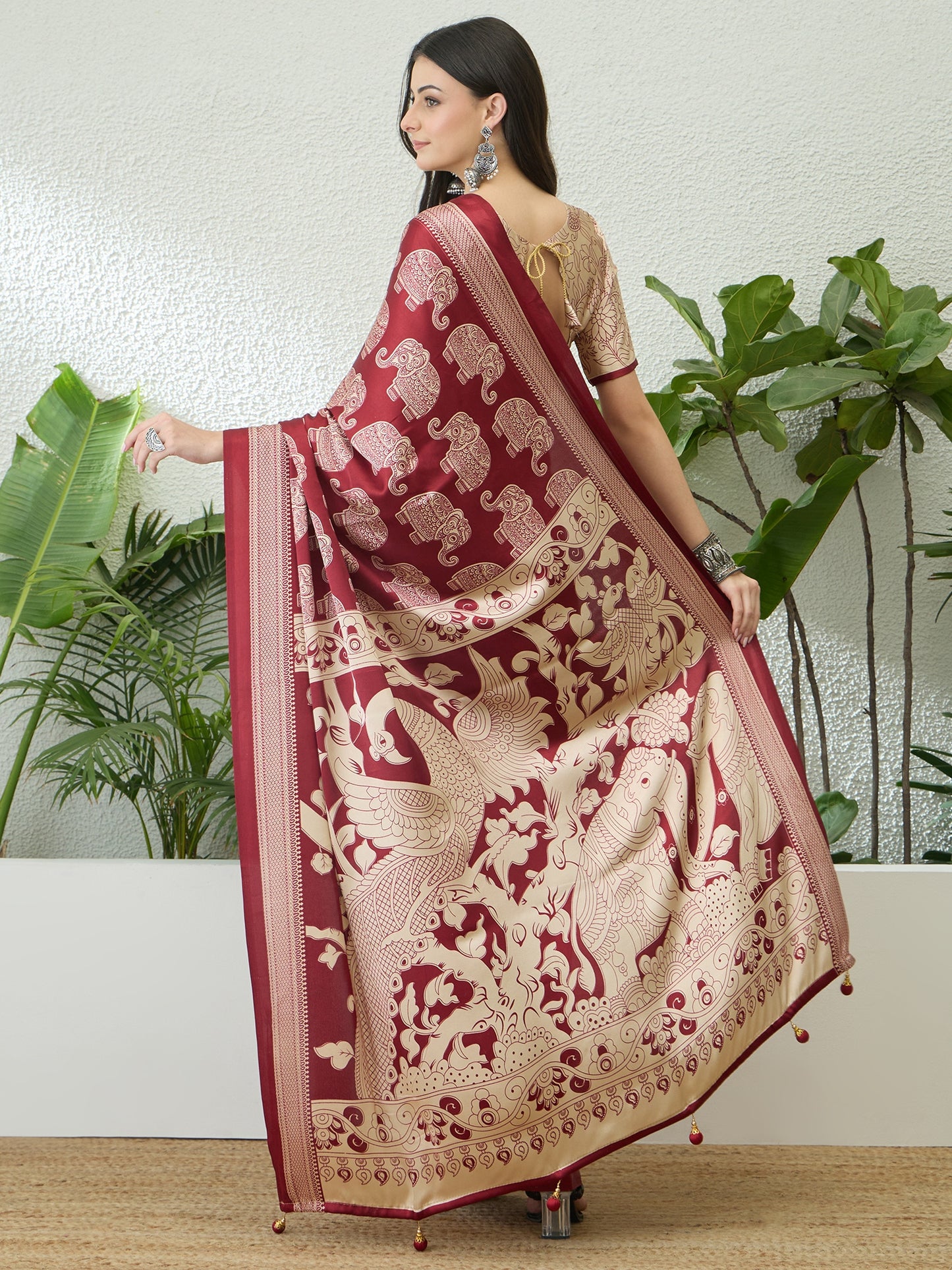 Beige & Maroon Crepe Silk Readymade/Easy Saree - Panaash Saree
