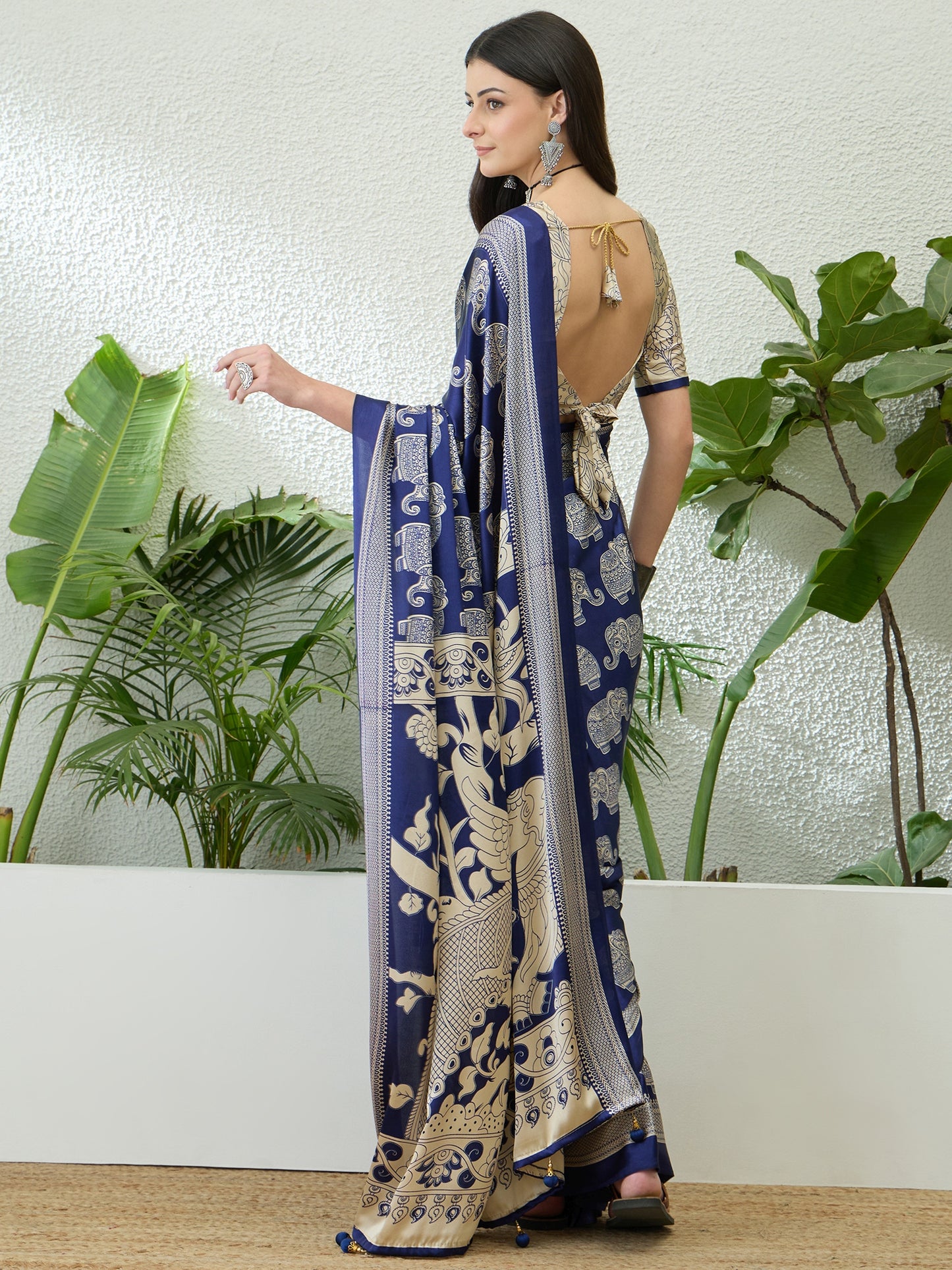 Navy Blue & Beige Crepe Silk Readymade/Easy Saree - Panaash Saree