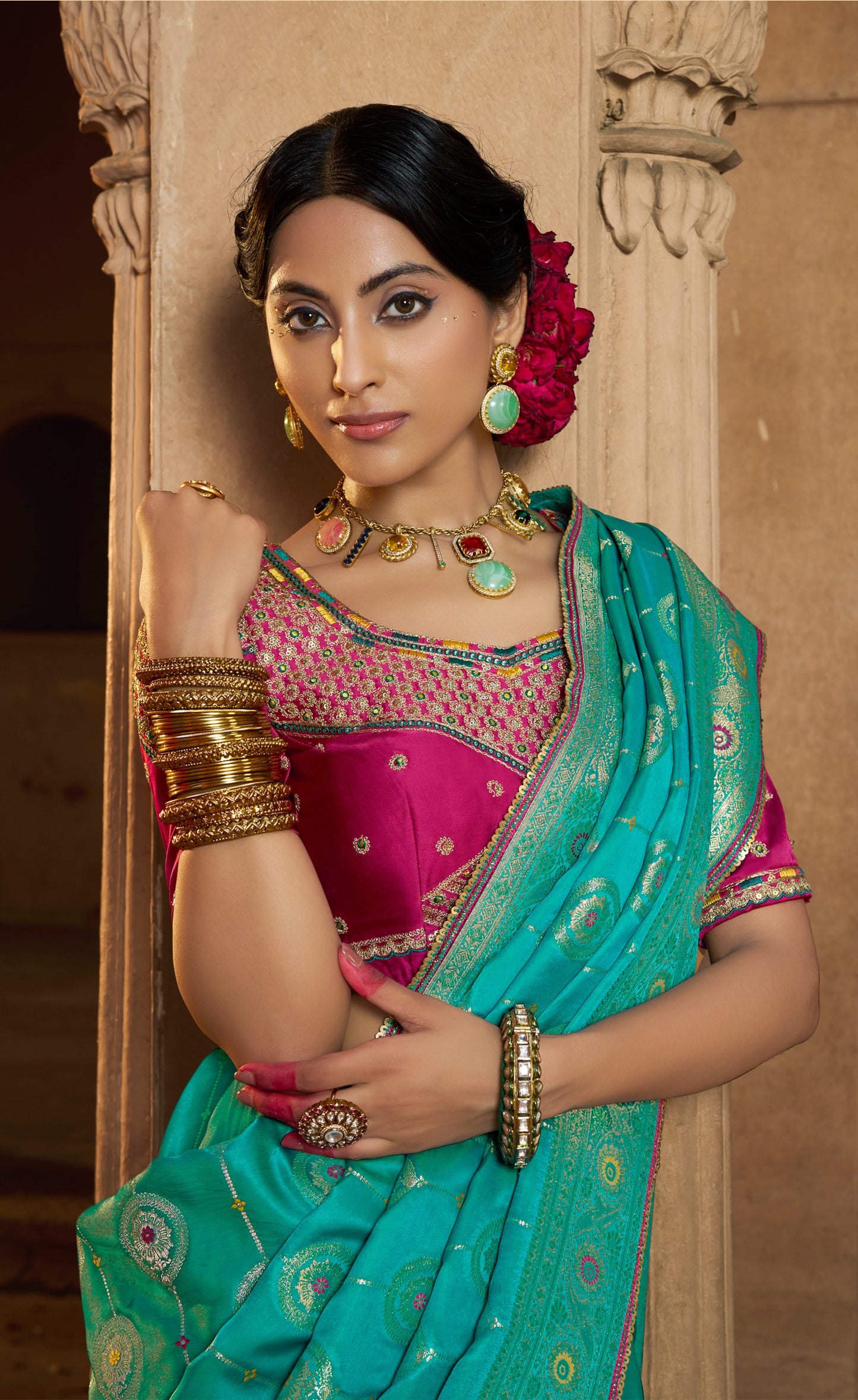 Turquoise Color Designer Kanjivaram Readymade/Easy Saree