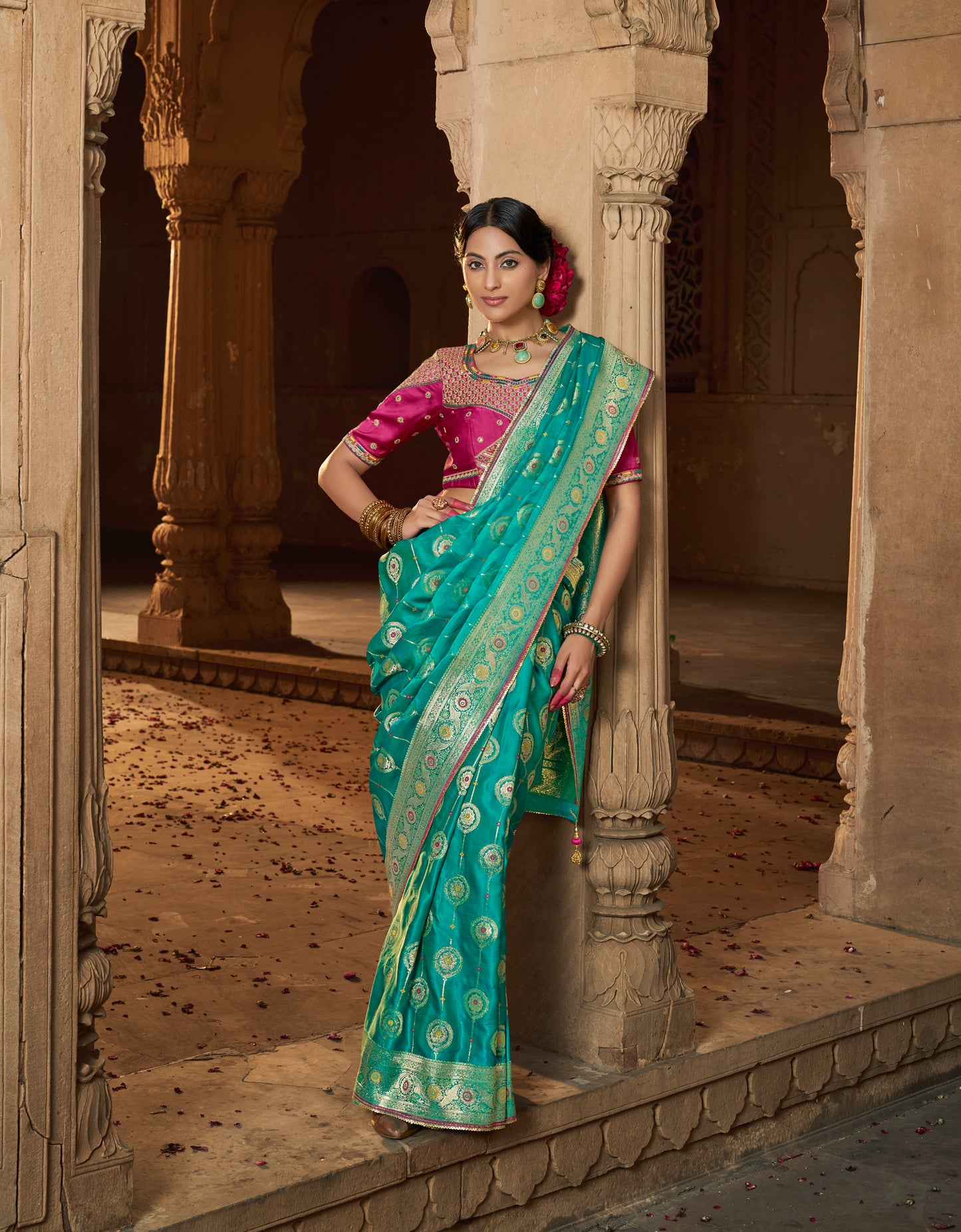 Turquoise Color Designer Kanjivaram Readymade/Easy Saree