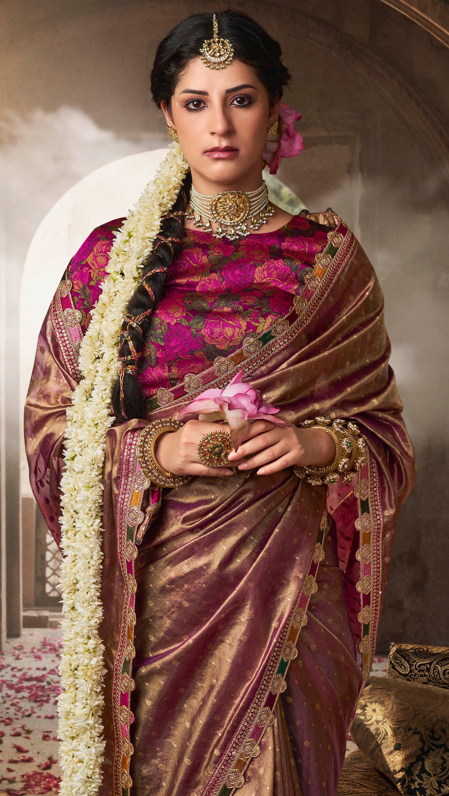 Brown Color Designer Banarasi Tissue Silk Readymade/Easy Saree