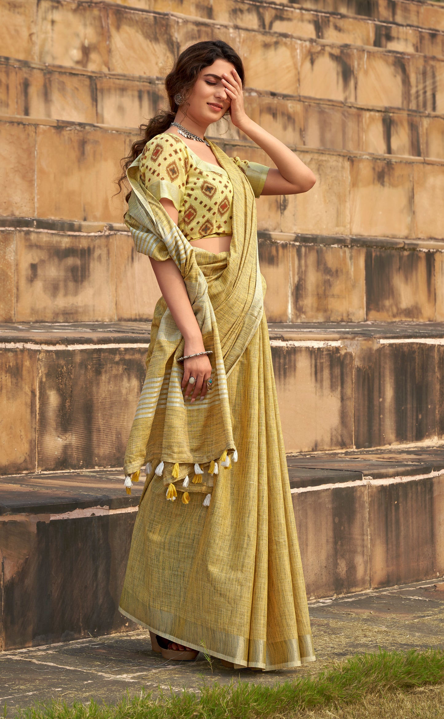Yellow Linen Office Wear Readymade/Easy Saree