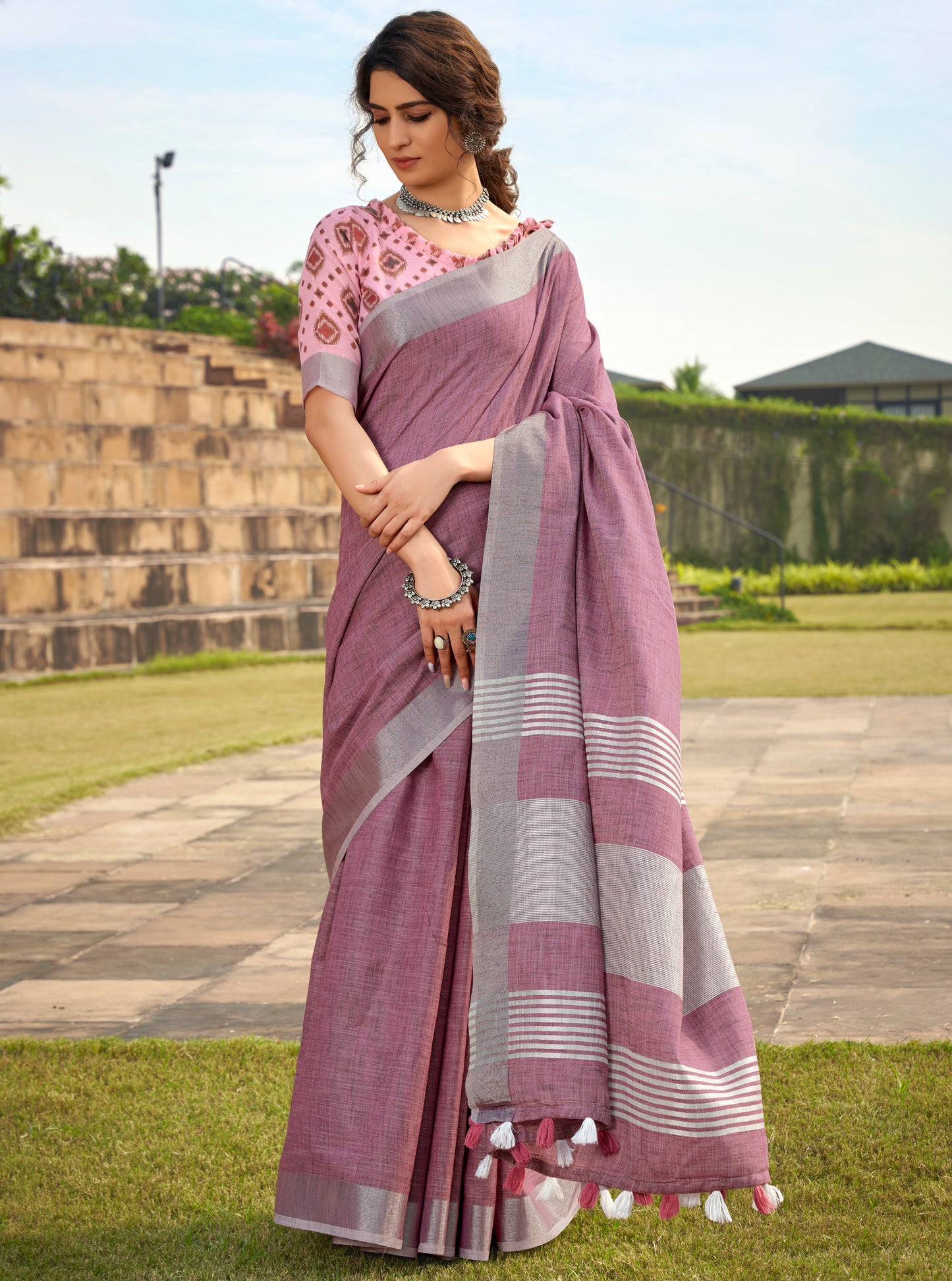 Mauve Linen Office Wear Readymade/Easy Saree