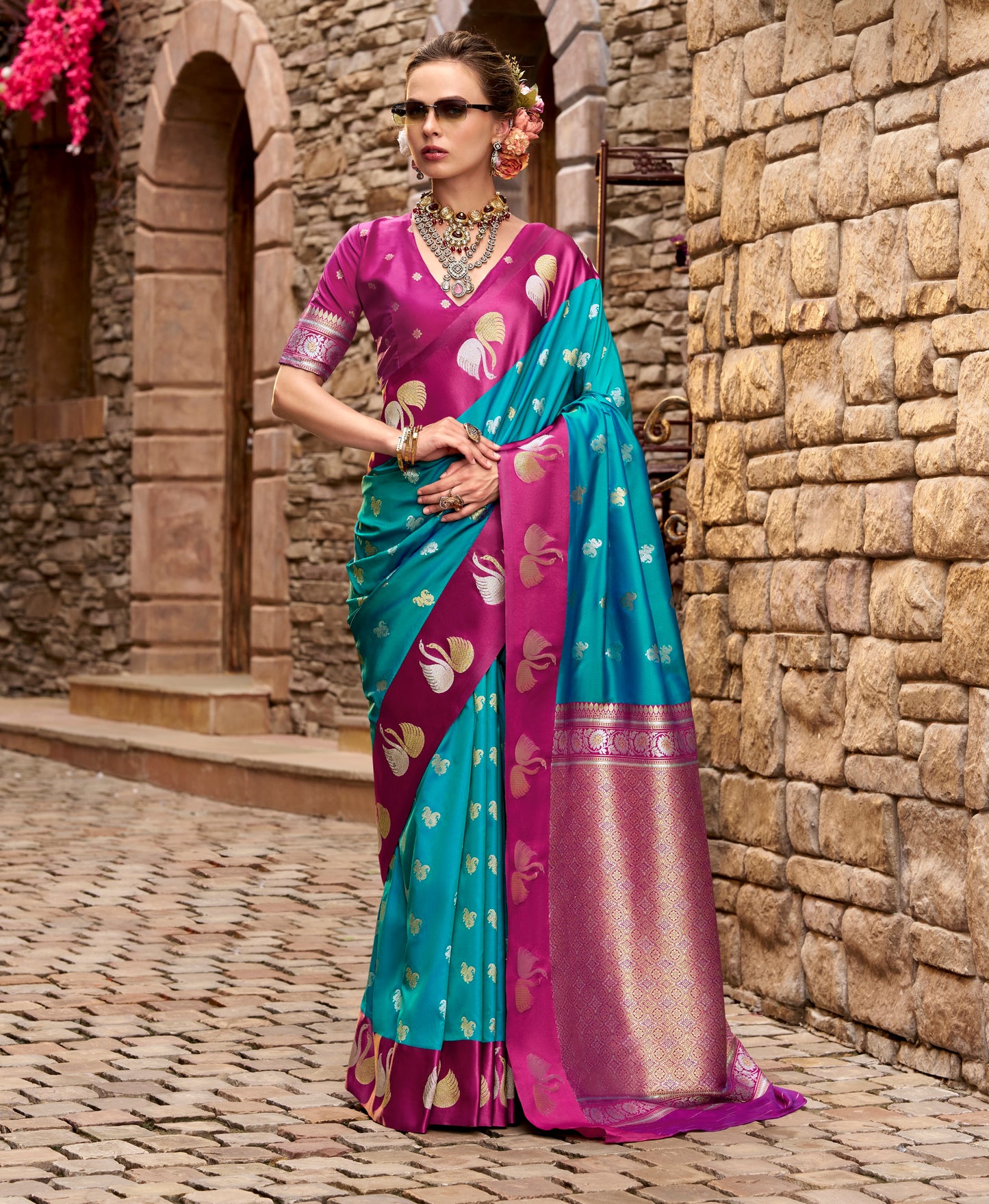 Blue Satin Silk Readymade/Easy Saree