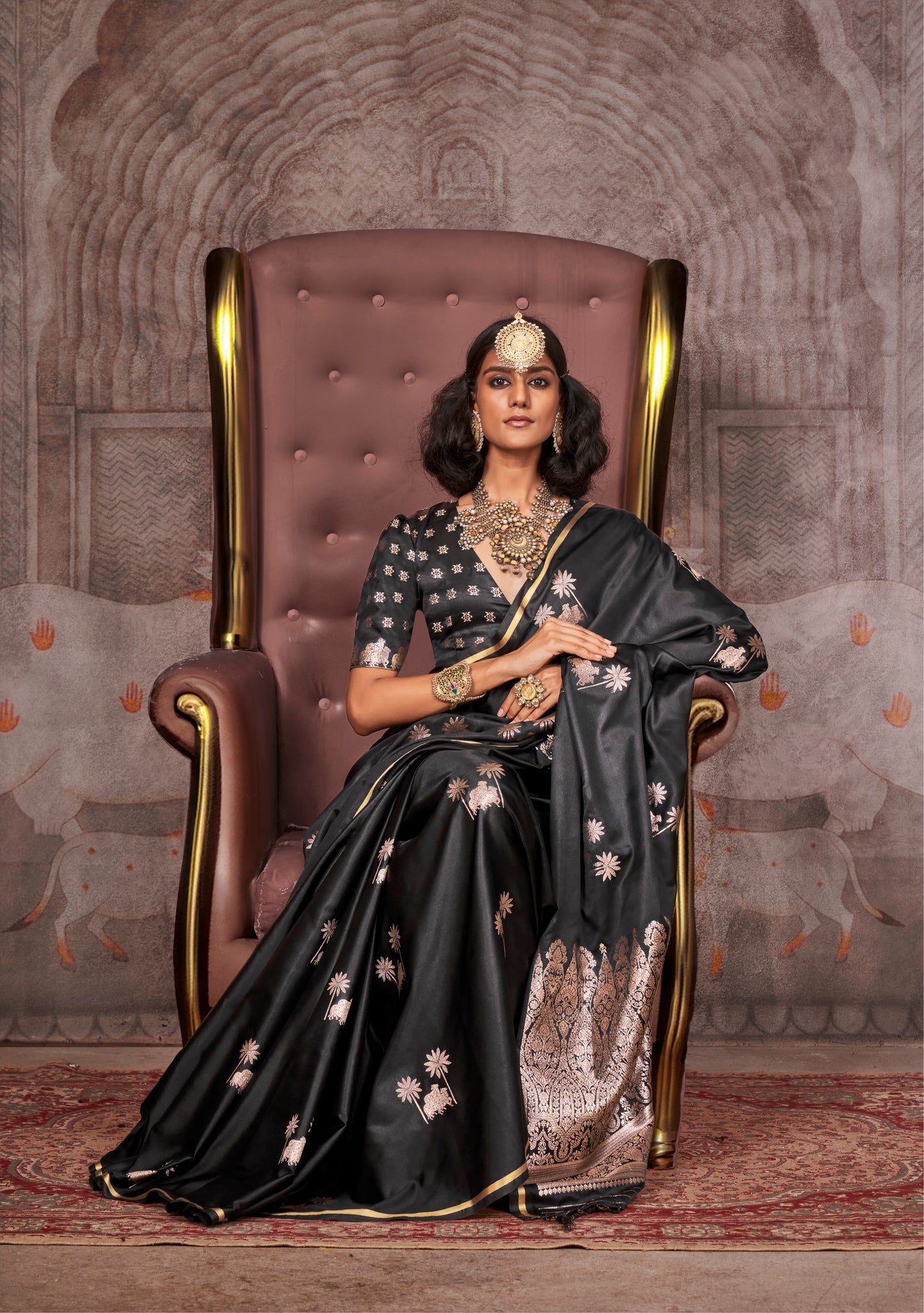 Black Color Satin Silk Readymade/Easy Saree