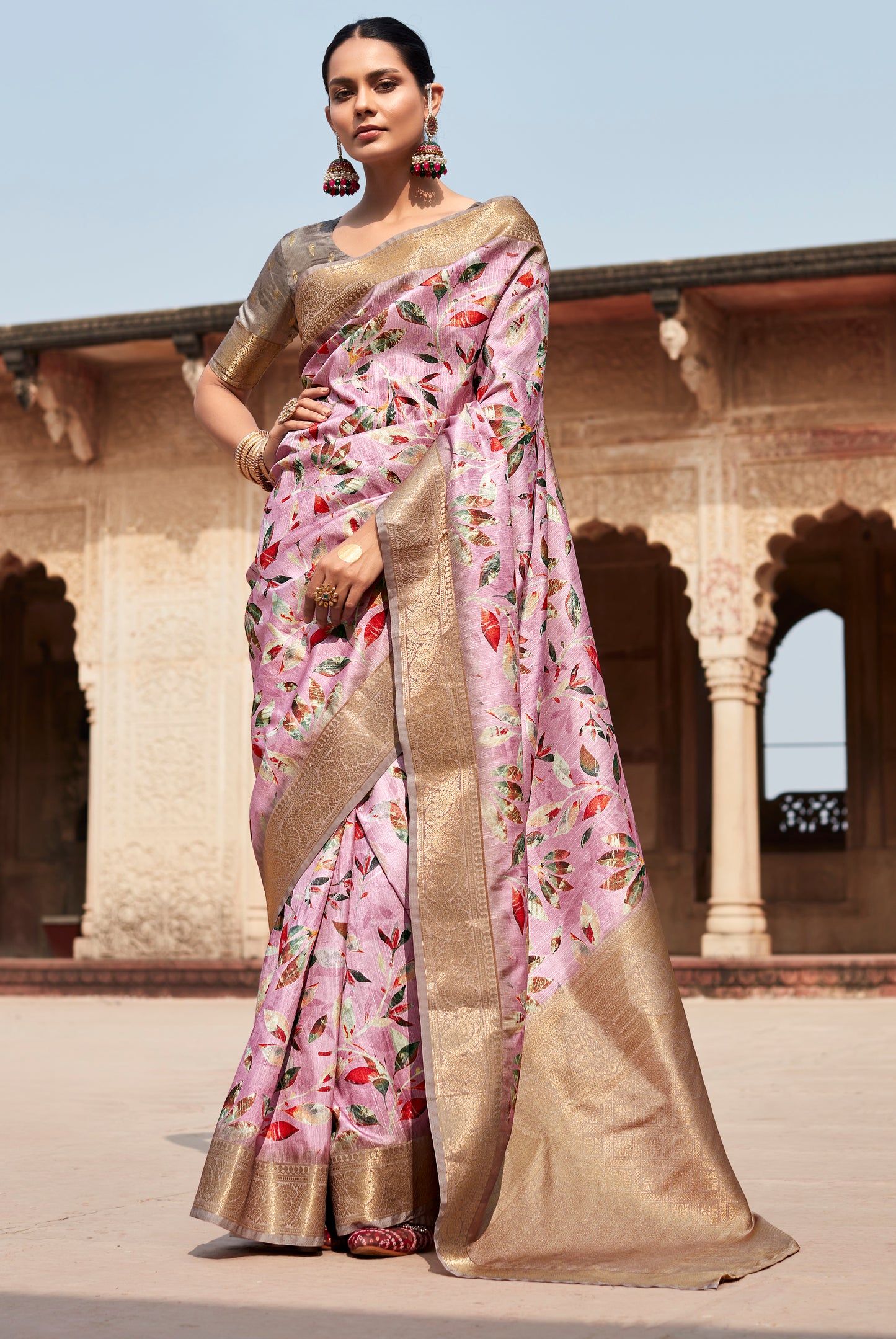 Light Pink Printed Soft Silk Readymade/Easy Saree