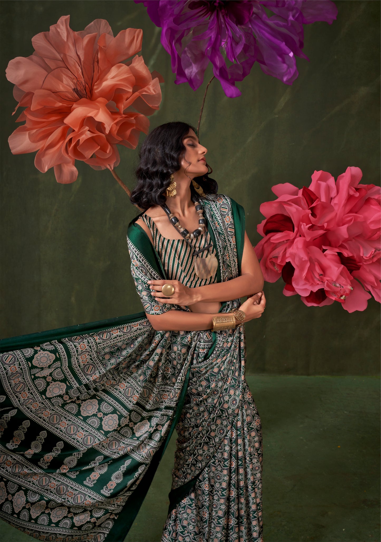 Green Crepe Calm – Readymade Ajrakh Saree