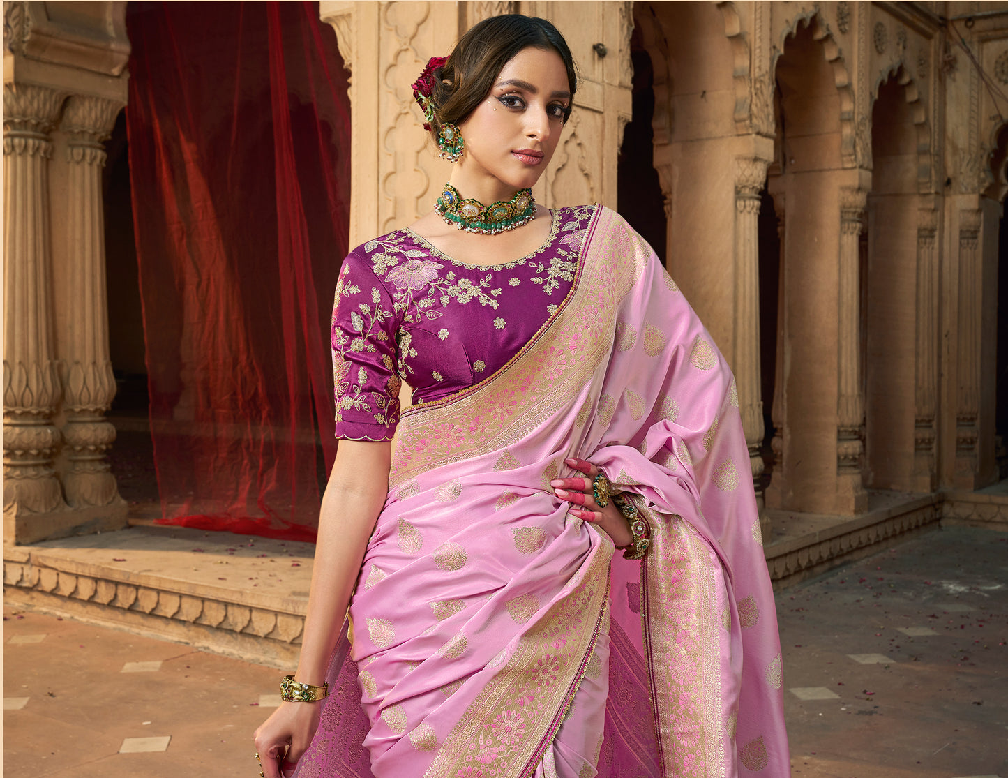 Wine berry Color Designer Kanjivaram Readymade/Easy Saree