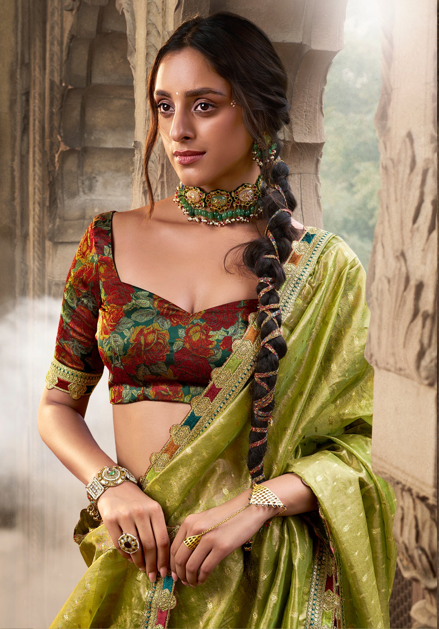 Green Color Designer Banarasi Tissue Silk Readymade/Easy Saree