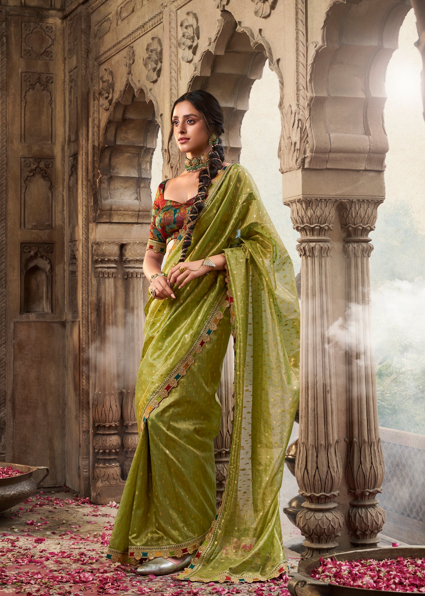 Green Color Designer Banarasi Tissue Silk Readymade/Easy Saree