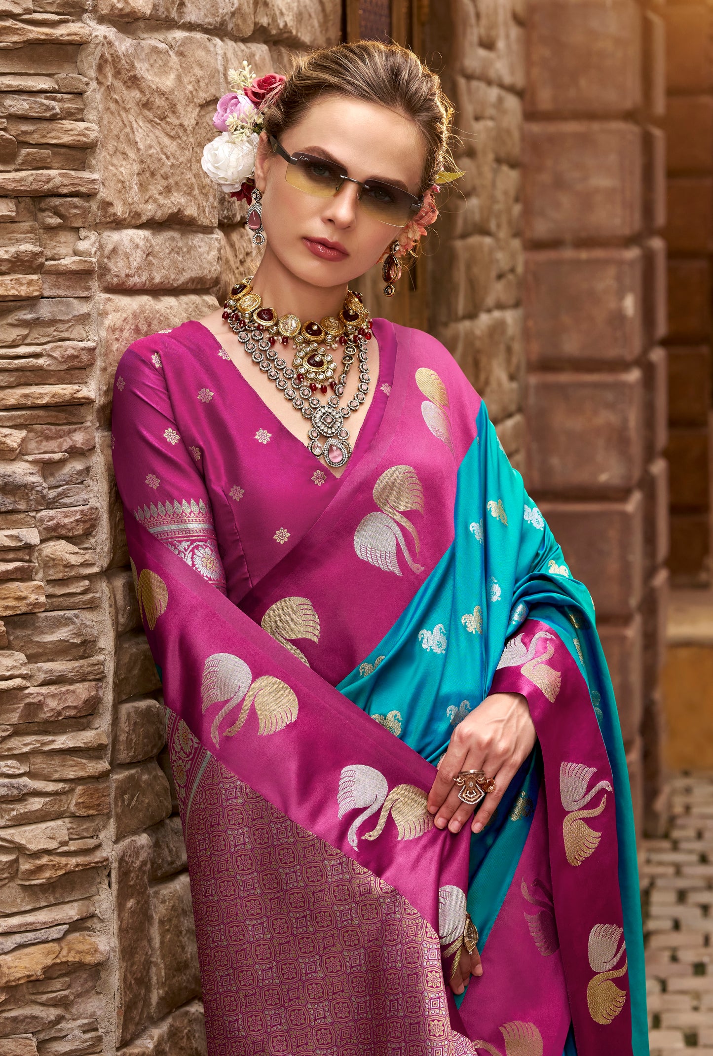 Blue Satin Silk Readymade/Easy Saree