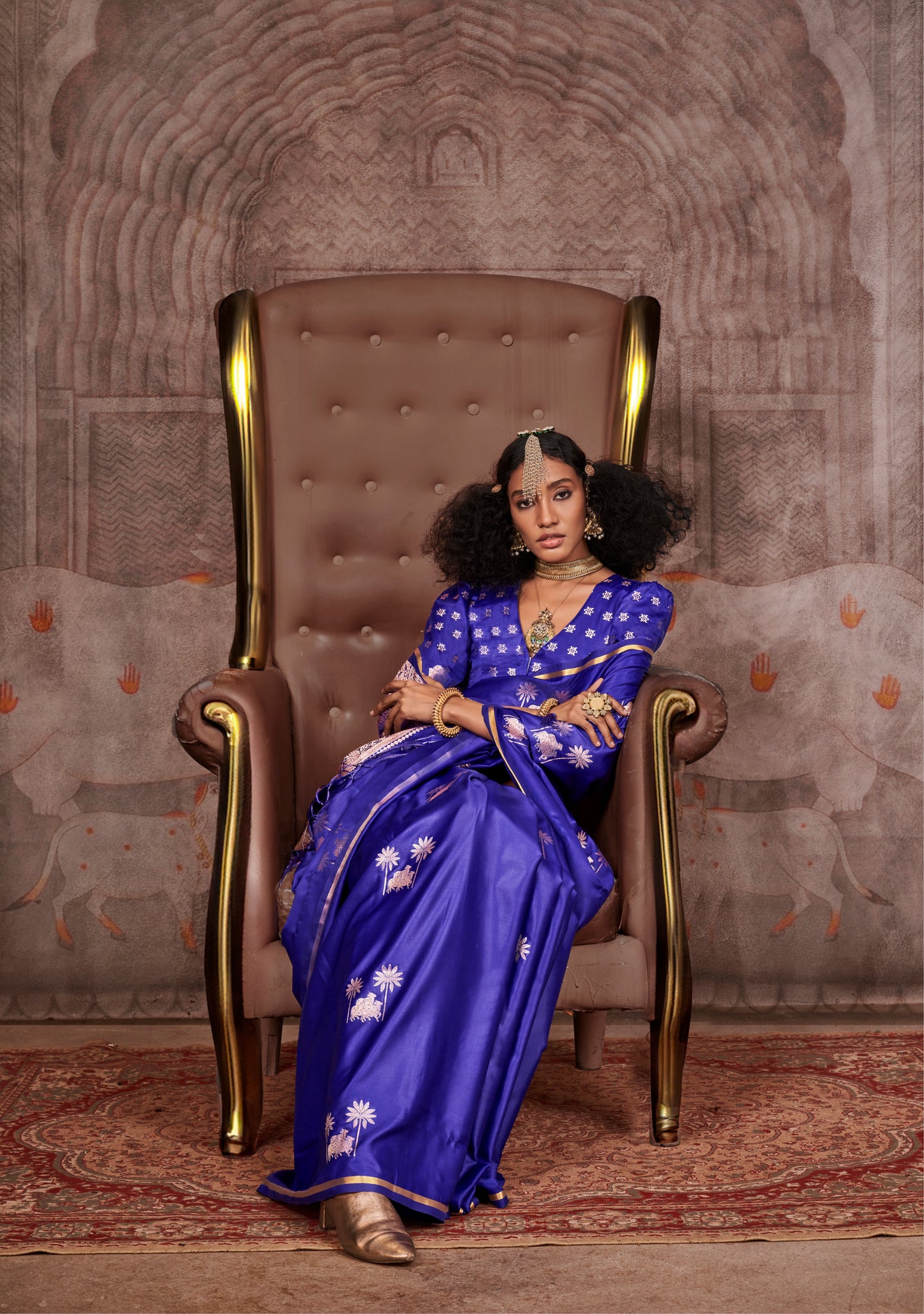 Royal Blue Color Satin Silk Readymade/Easy Saree