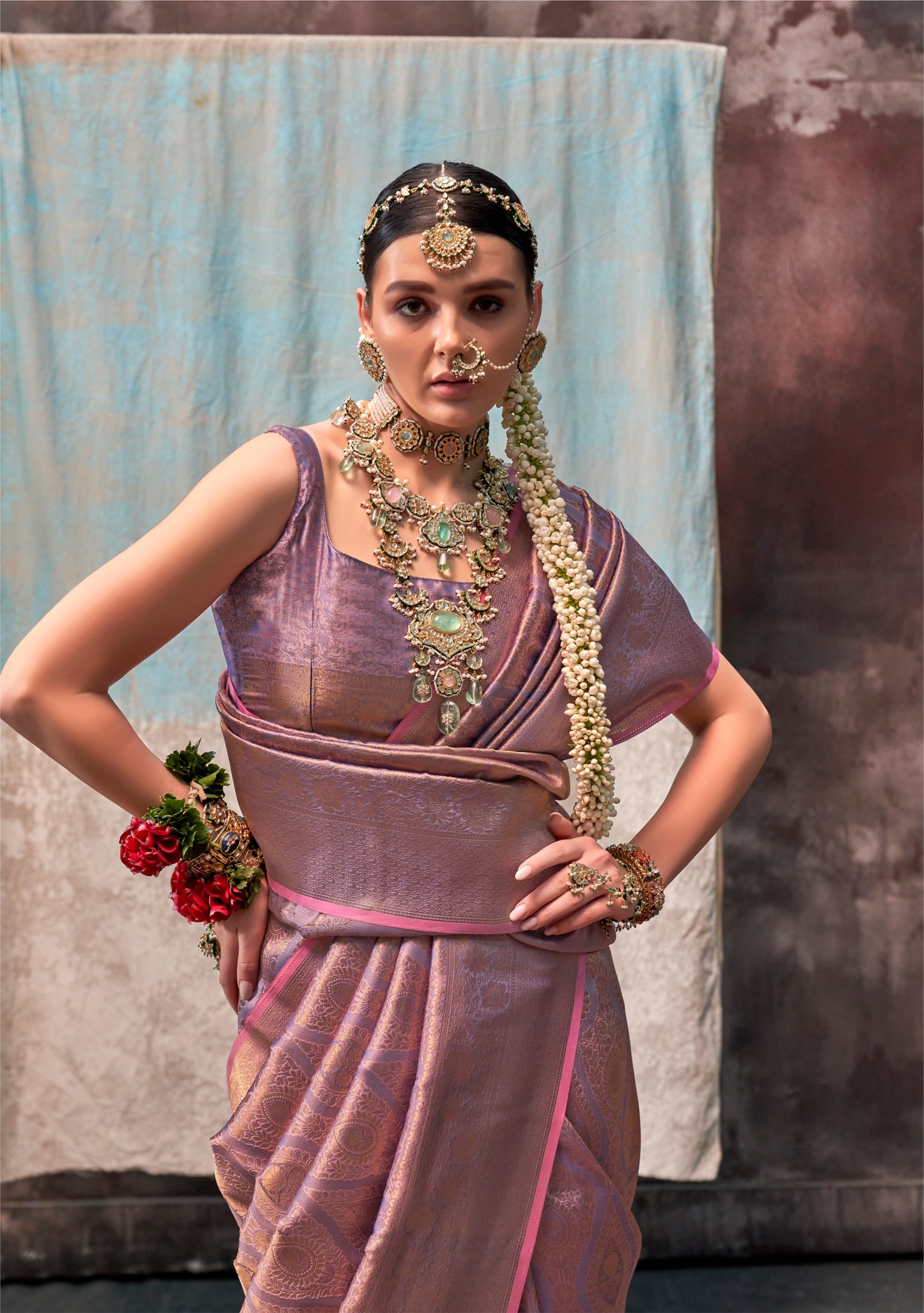 Rose Gold Kanjivaram Silk Readymade/Easy Saree - Panaash Saree