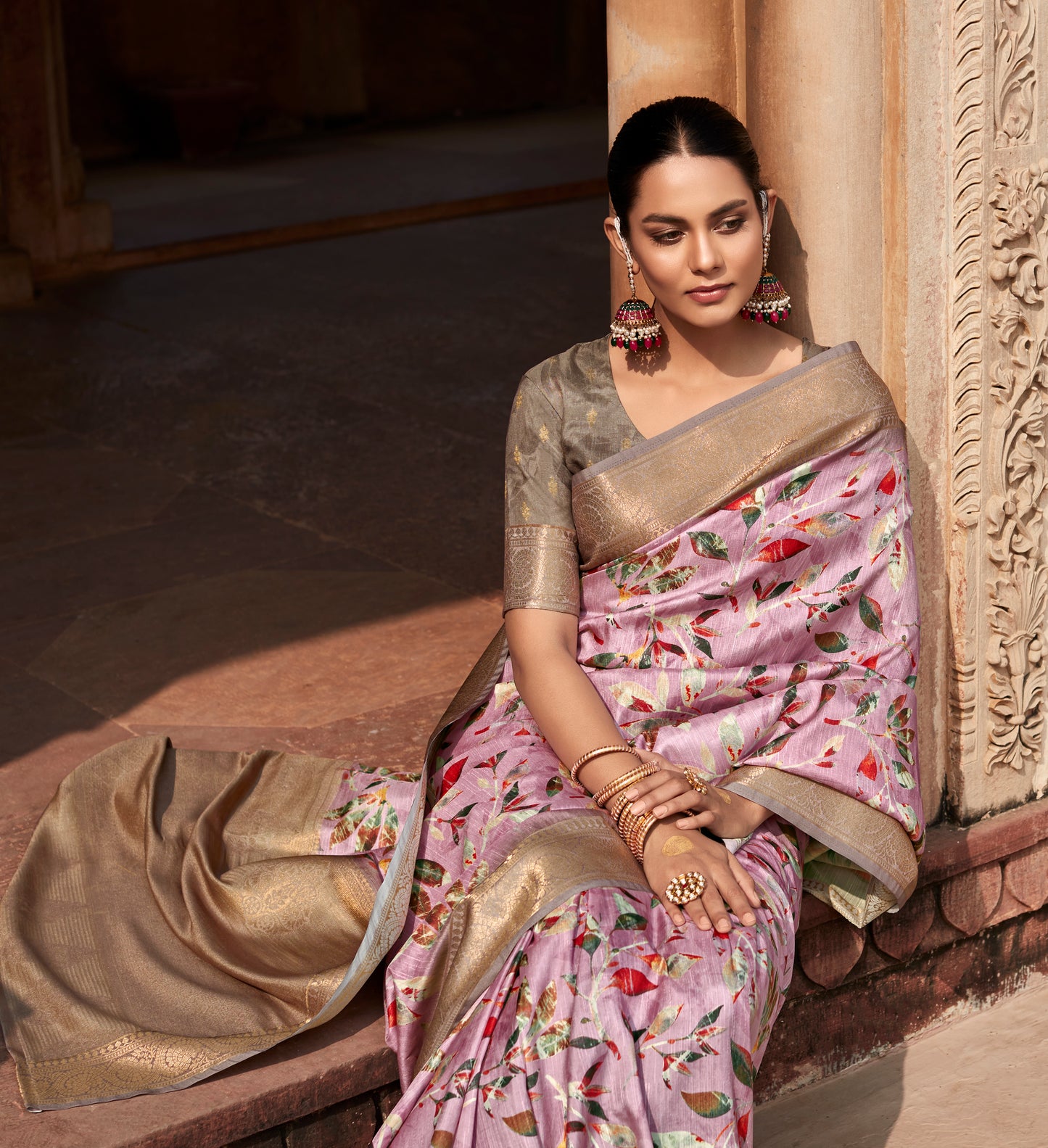 Light Pink Printed Soft Silk Readymade/Easy Saree