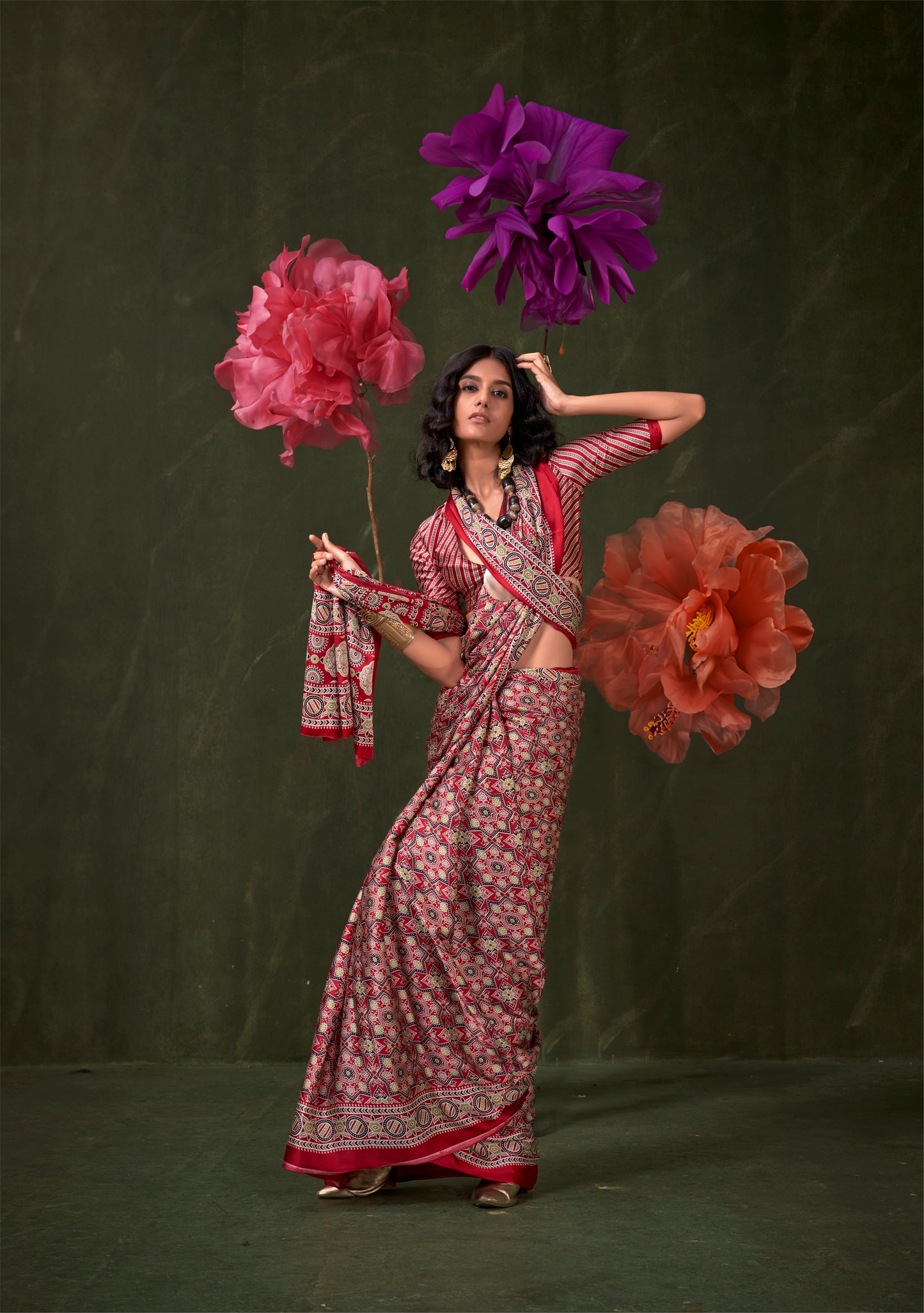 Red Crepe Calm – Readymade Ajrakh Saree