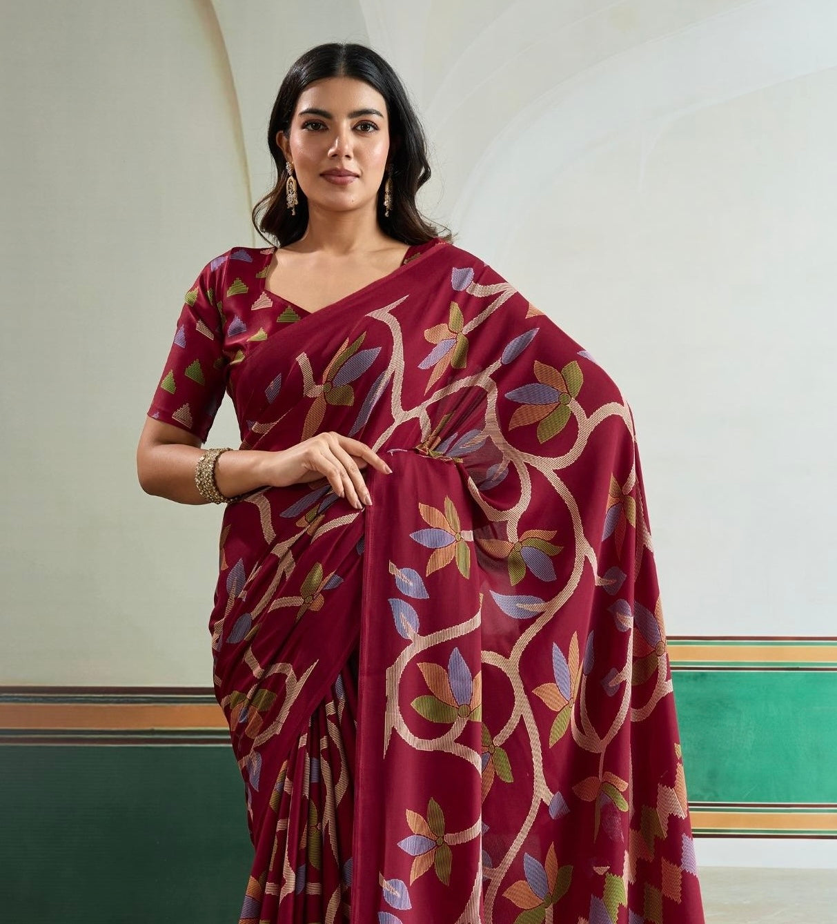 Maroon Crepe Silk Readymade/Easy Saree