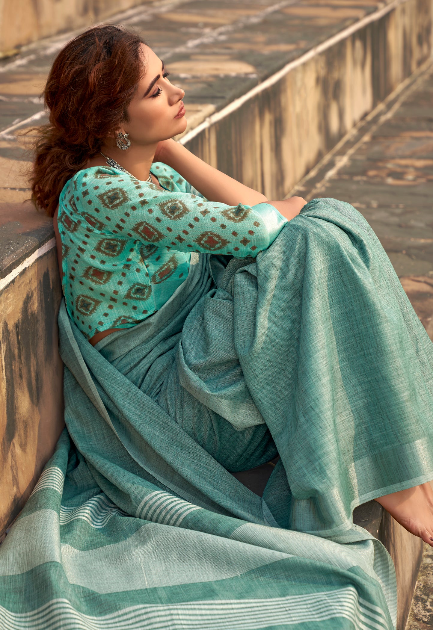 Turquoise Linen Office Wear Readymade/Easy Saree