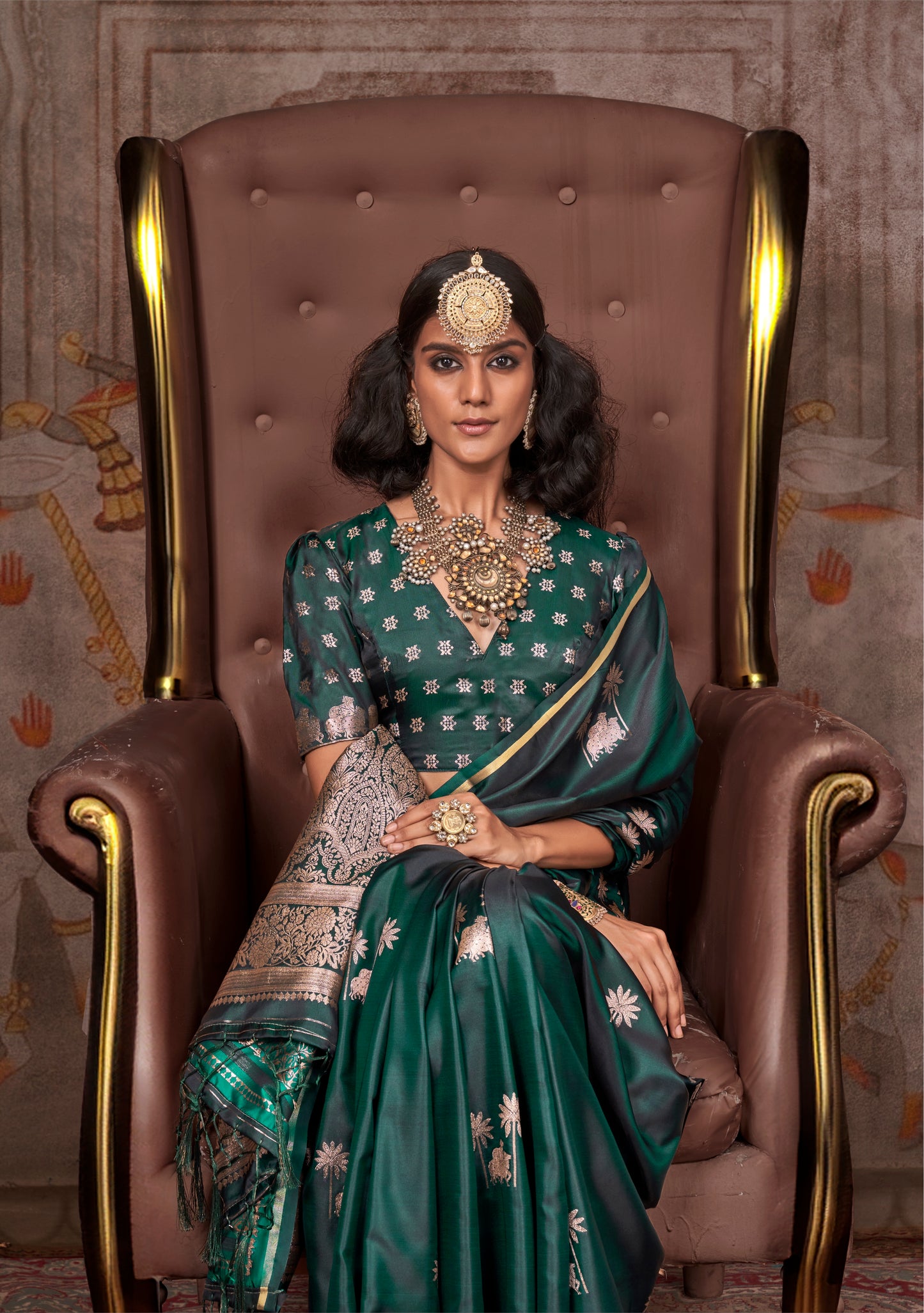Green Color Satin Silk Readymade/Easy Saree
