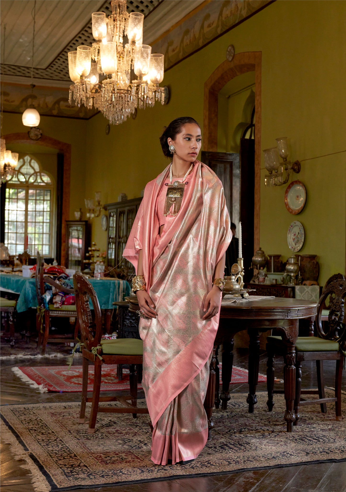 Peach Kanjivaram Silk Readymade/Easy Saree