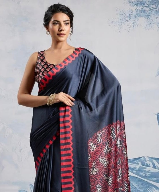 Plain Black Readymade Crepe Silk Saree