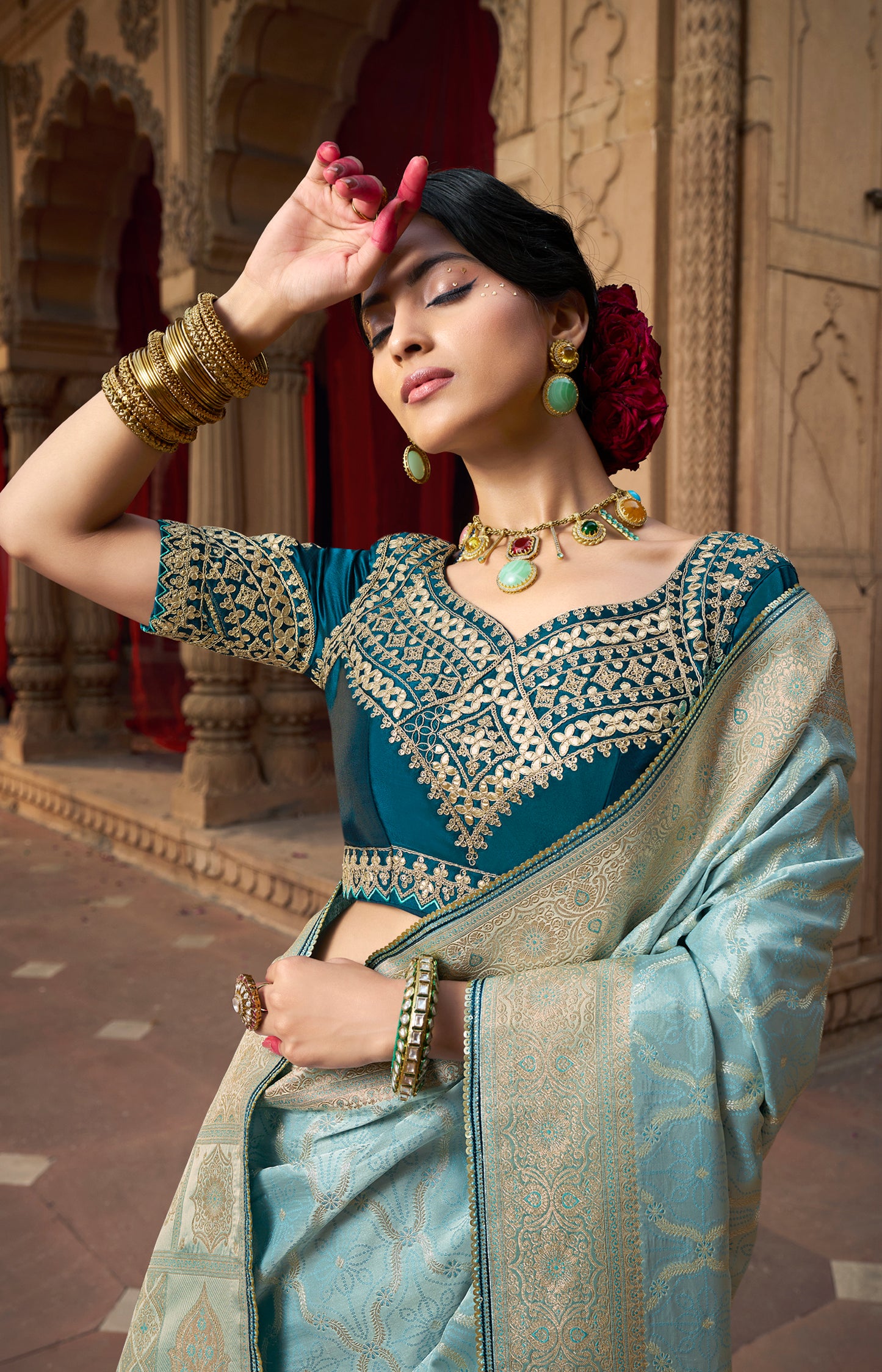 Light Blue Color Designer Kanjivaram Readymade/Easy Saree