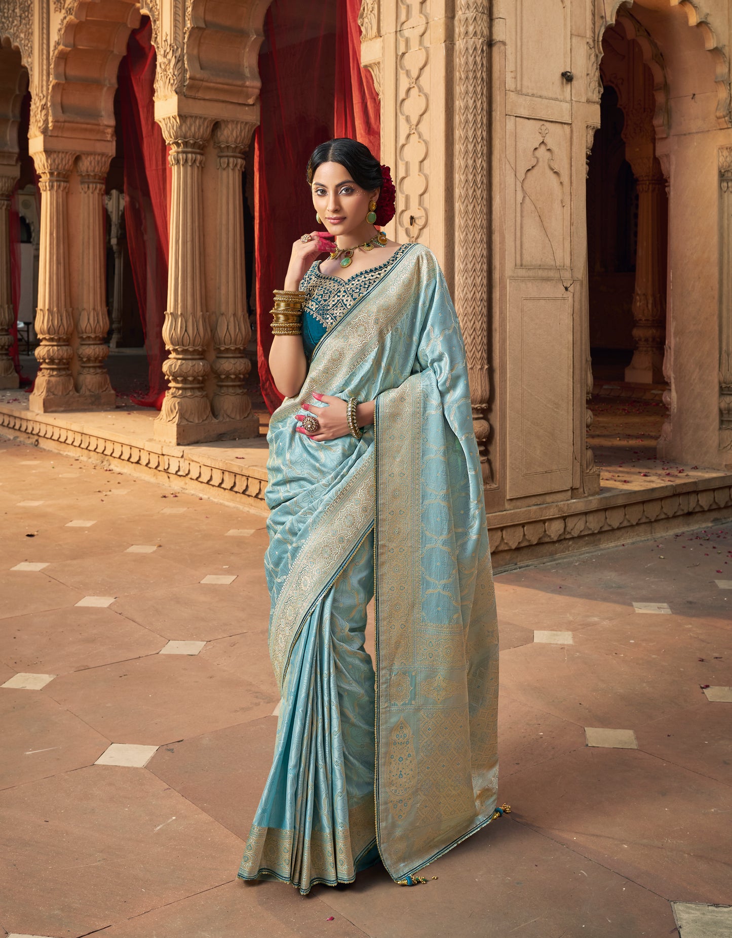 Light Blue Color Designer Kanjivaram Readymade/Easy Saree