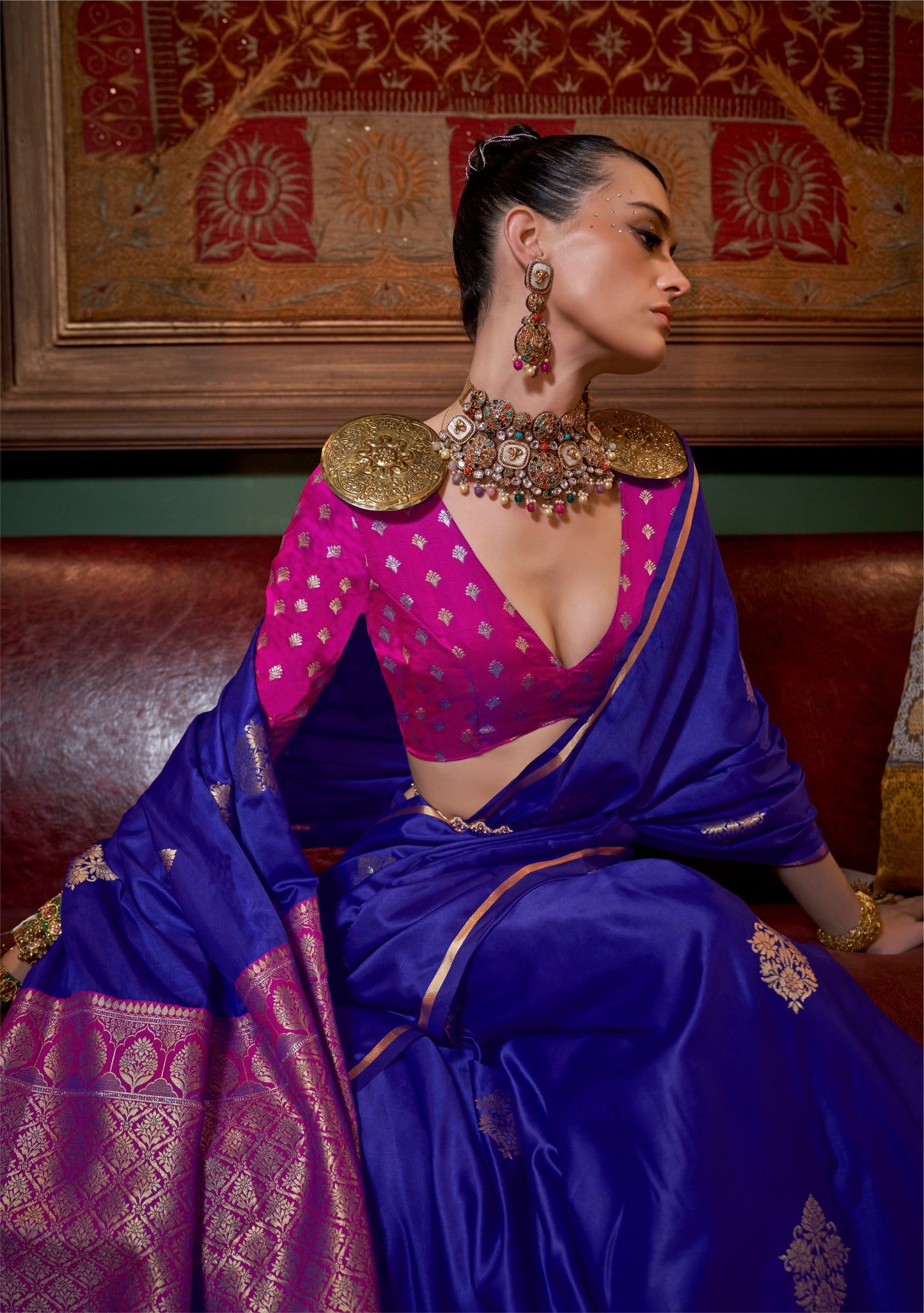 Indigo Blue Color Satin Silk Readymade/Easy Saree