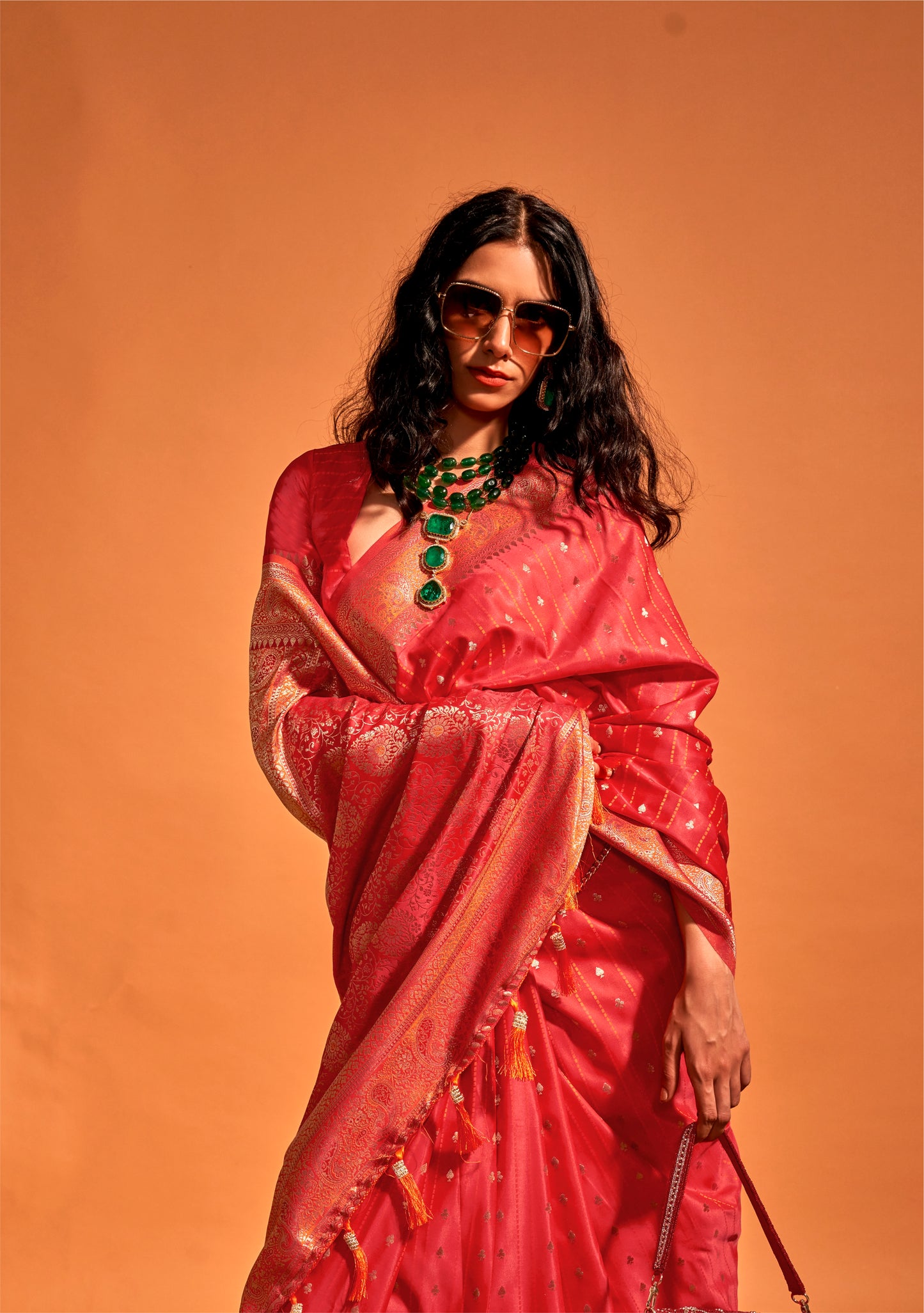 Red Satin Silk Readymade Saree - Panaash Saree